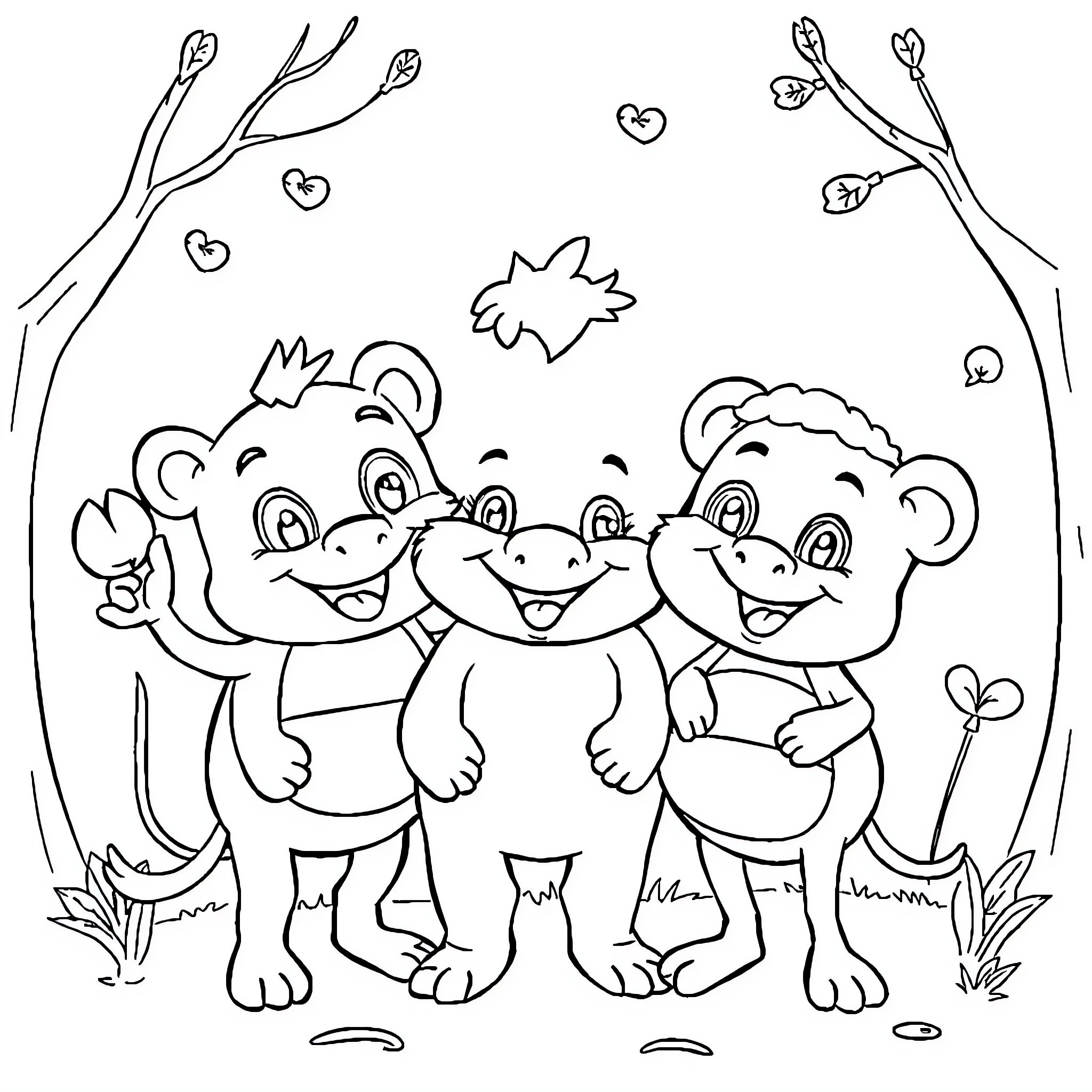 Drawing of Three Happy Monkeys in the Outdoors Coloring Page (free black-and-white line drawing printable PDF for all, from beginners to advanced learners, including children, teens, adults, and seniors)