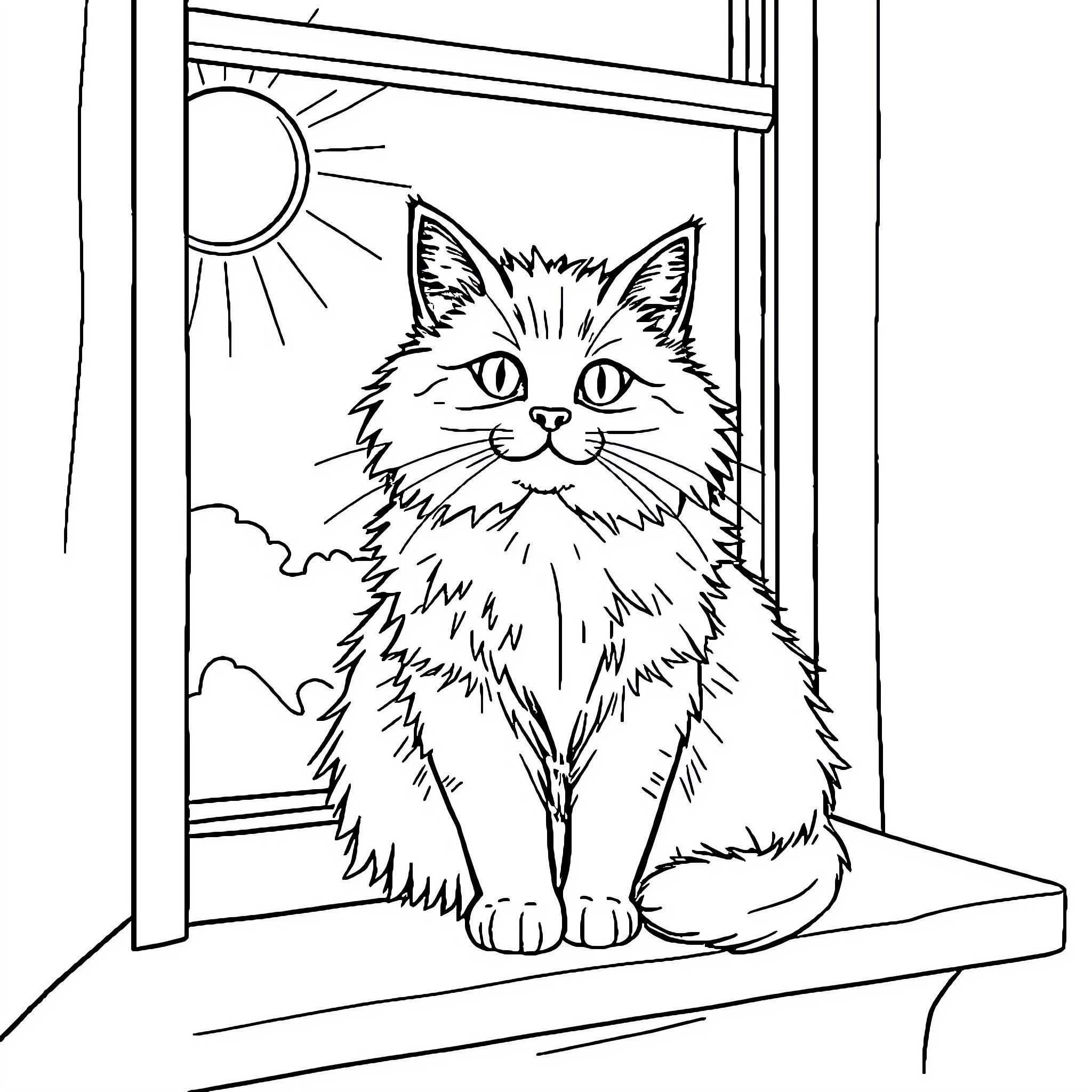 Cat sitting on the window sill Coloring Page (free black-and-white line drawing printable PDF for all, from beginners to advanced learners, including children, teens, adults, and seniors)