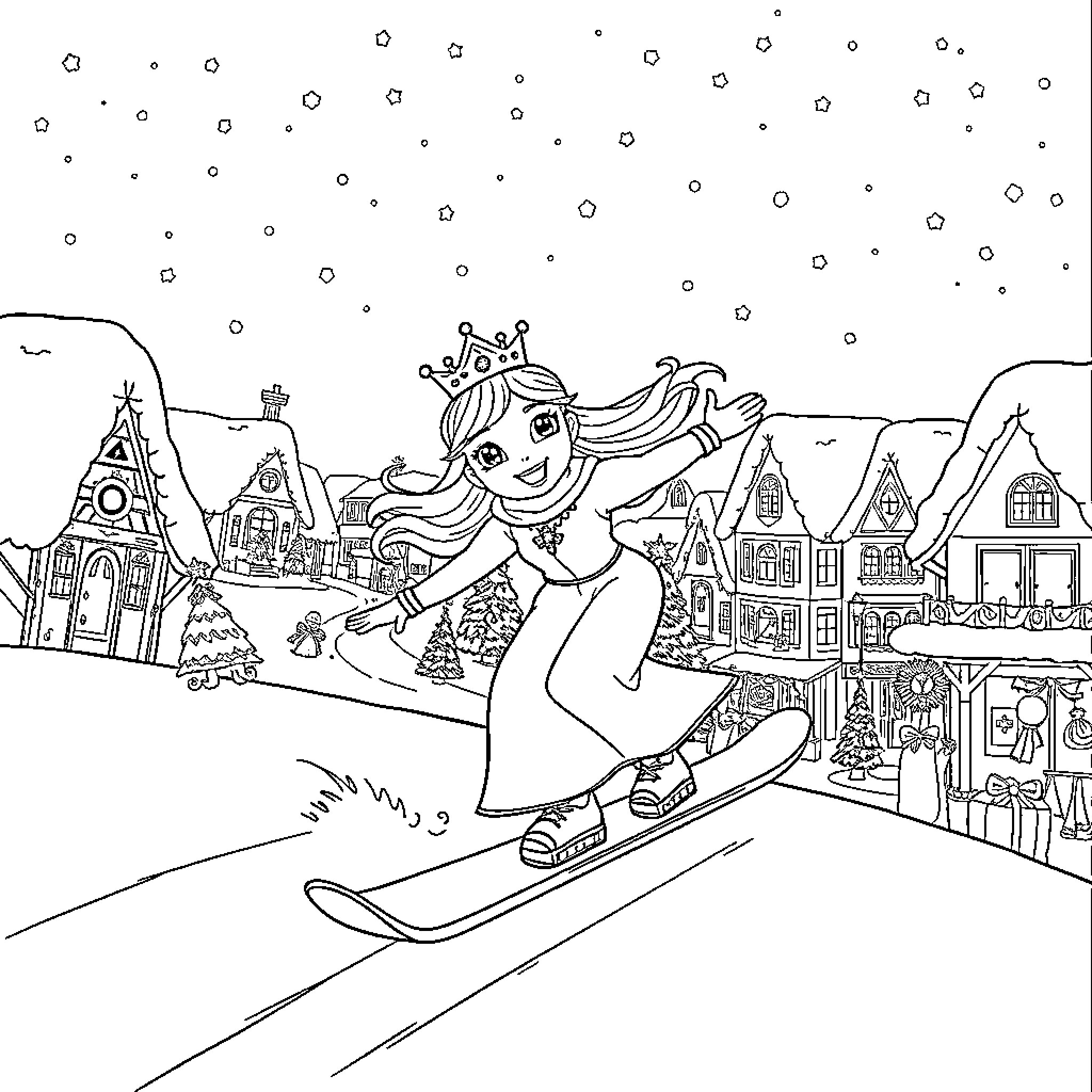 Princess Skiing Down the Snowy Mountain Village Coloring Page (free black-and-white line drawing printable PDF for all, from beginners to advanced learners, including children, teens, adults, and seniors)