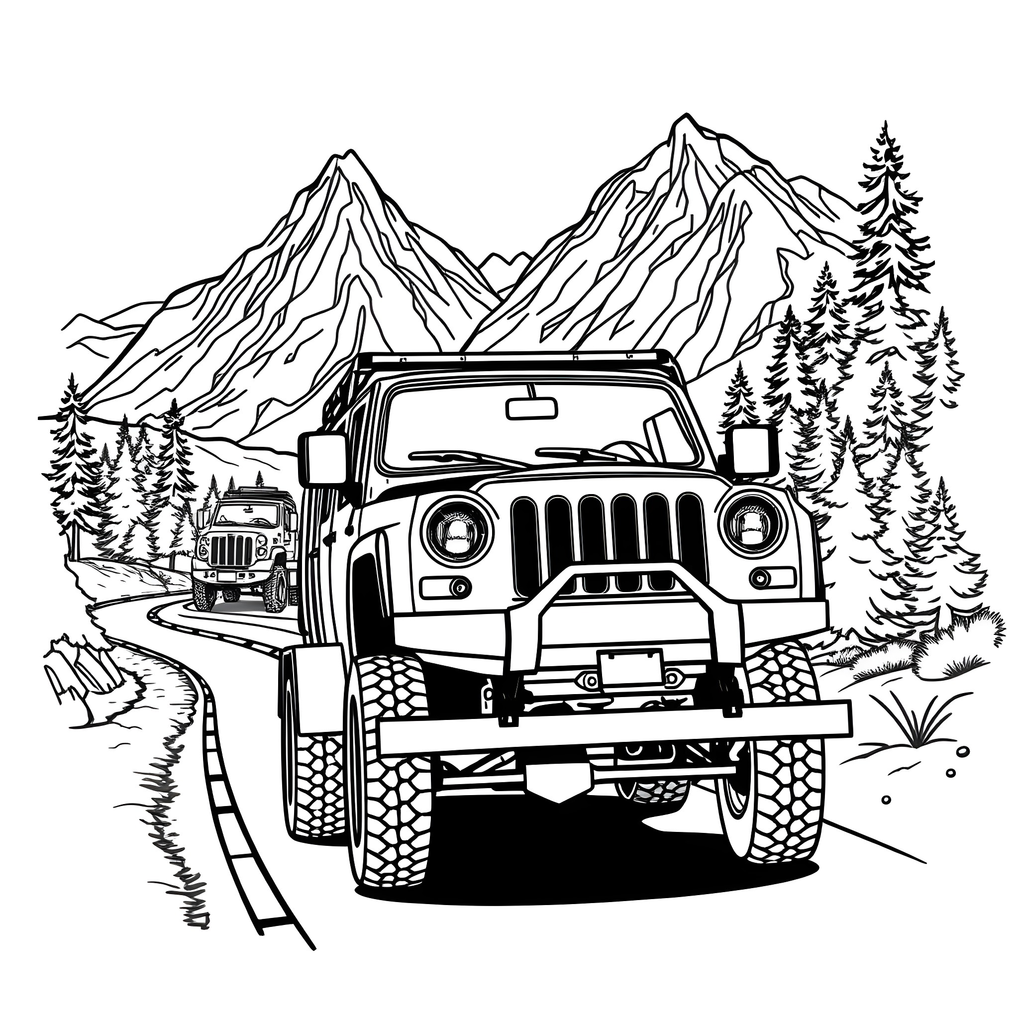 Car Trailer Traversing Rocky Mountain Terrain Coloring Page (free black-and-white line drawing printable PDF for all, from beginners to advanced learners, including children, teens, adults, and seniors)