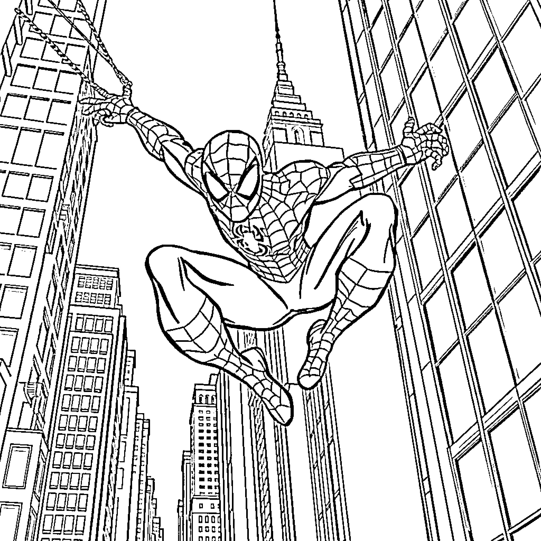 Spiderman swinging through the city skyline Coloring Page (free black-and-white line drawing printable PDF for all, from beginners to advanced learners, including children, teens, adults, and seniors)