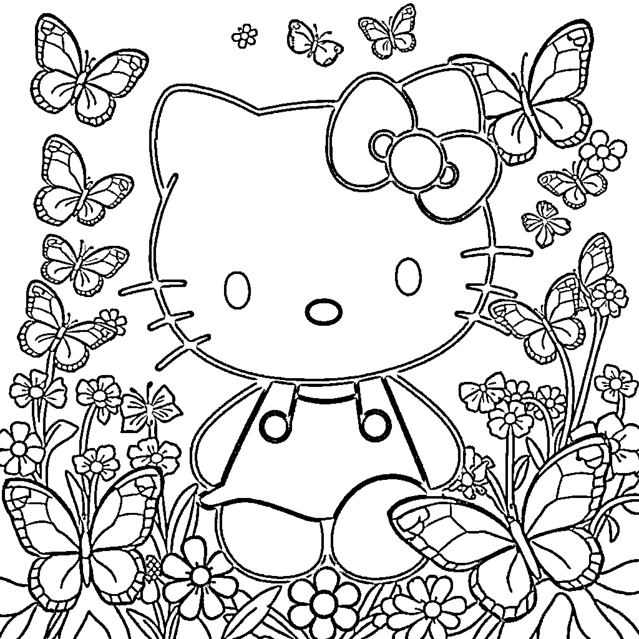 Hello Kitty playing in a floral meadow with butterflies Coloring Page (free black-and-white line drawing printable PDF for all, from beginners to advanced learners, including children, teens, adults, and seniors)