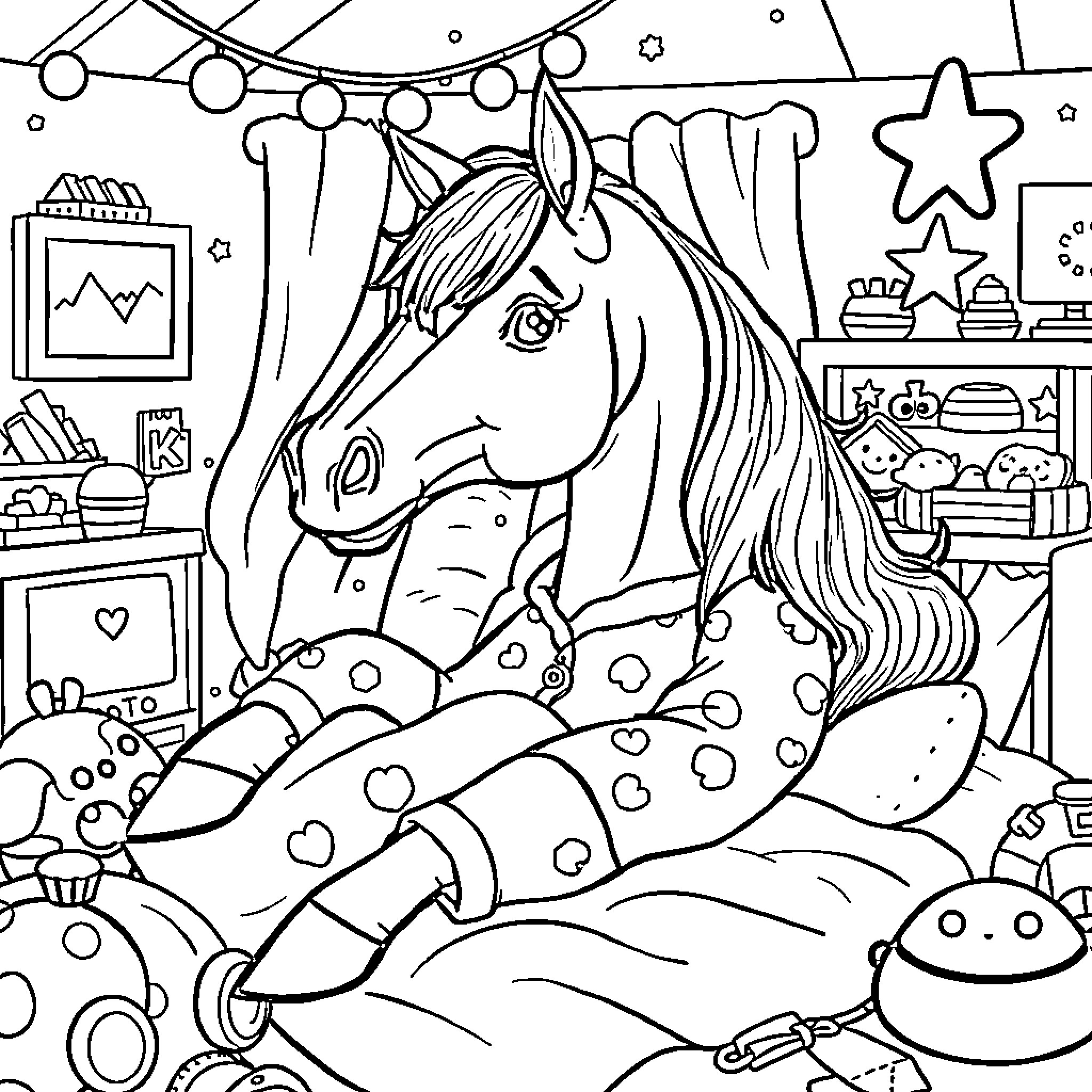 Horse Resting in a Cozy Room Coloring Page (free black-and-white line drawing printable PDF for all, from beginners to advanced learners, including children, teens, adults, and seniors)