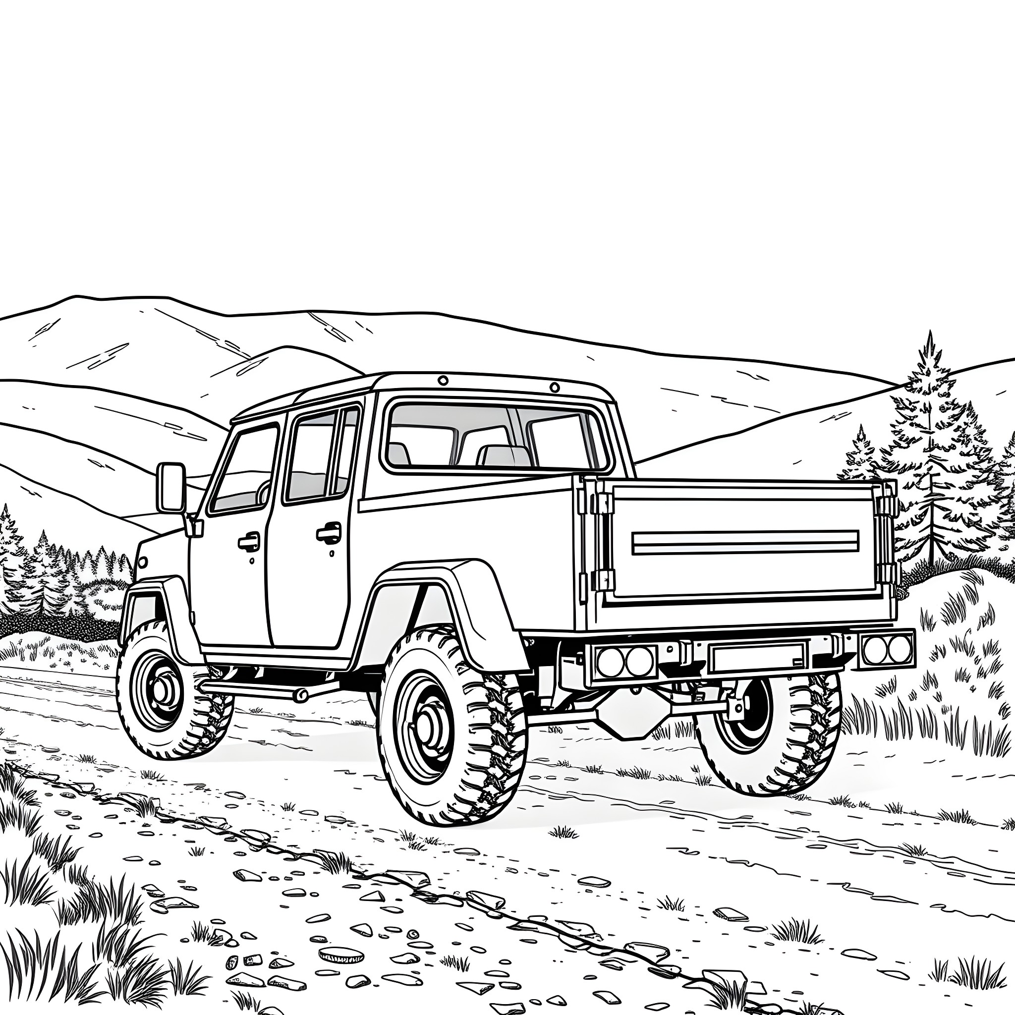 Car Trailer Navigating Rugged Terrain Coloring Page (free black-and-white line drawing printable PDF for all, from beginners to advanced learners, including children, teens, adults, and seniors)