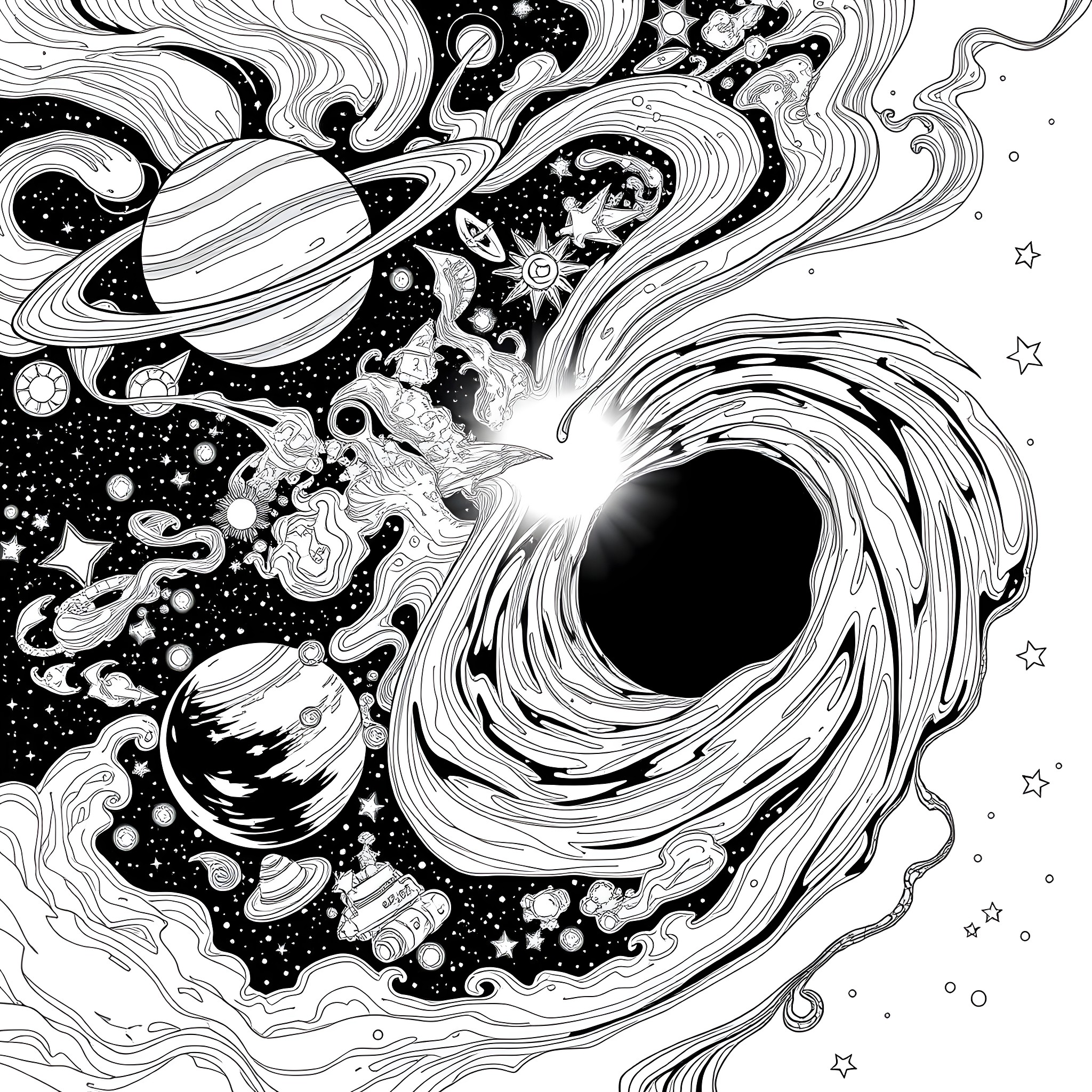 Planet of Cosmic Swirls and Celestial Wonders Coloring Page (free black-and-white line drawing printable PDF for all, from beginners to advanced learners, including children, teens, adults, and seniors)