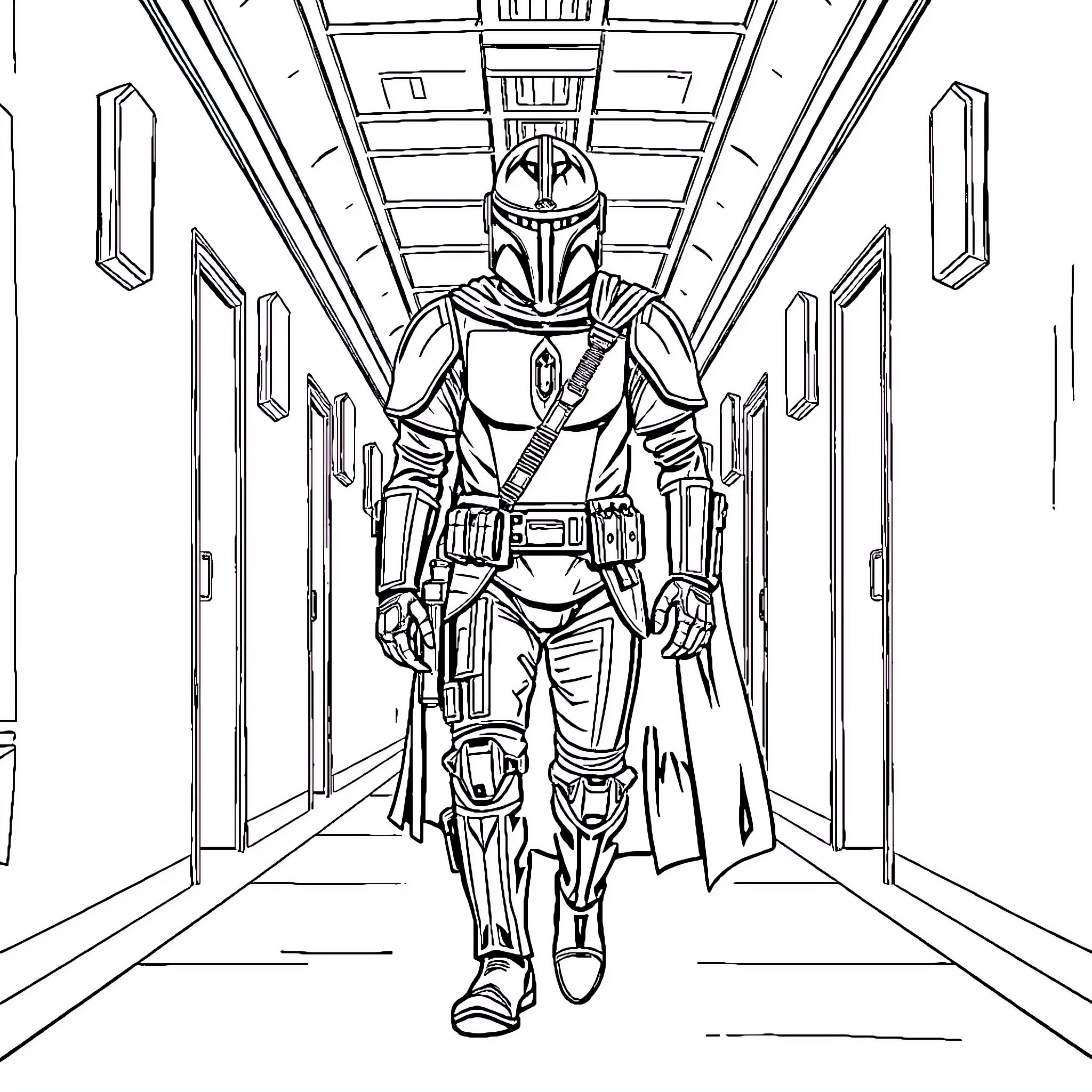 Mandalorian Warrior Walks Down Hallway Coloring Page (free black-and-white line drawing printable PDF for all, from beginners to advanced learners, including children, teens, adults, and seniors)