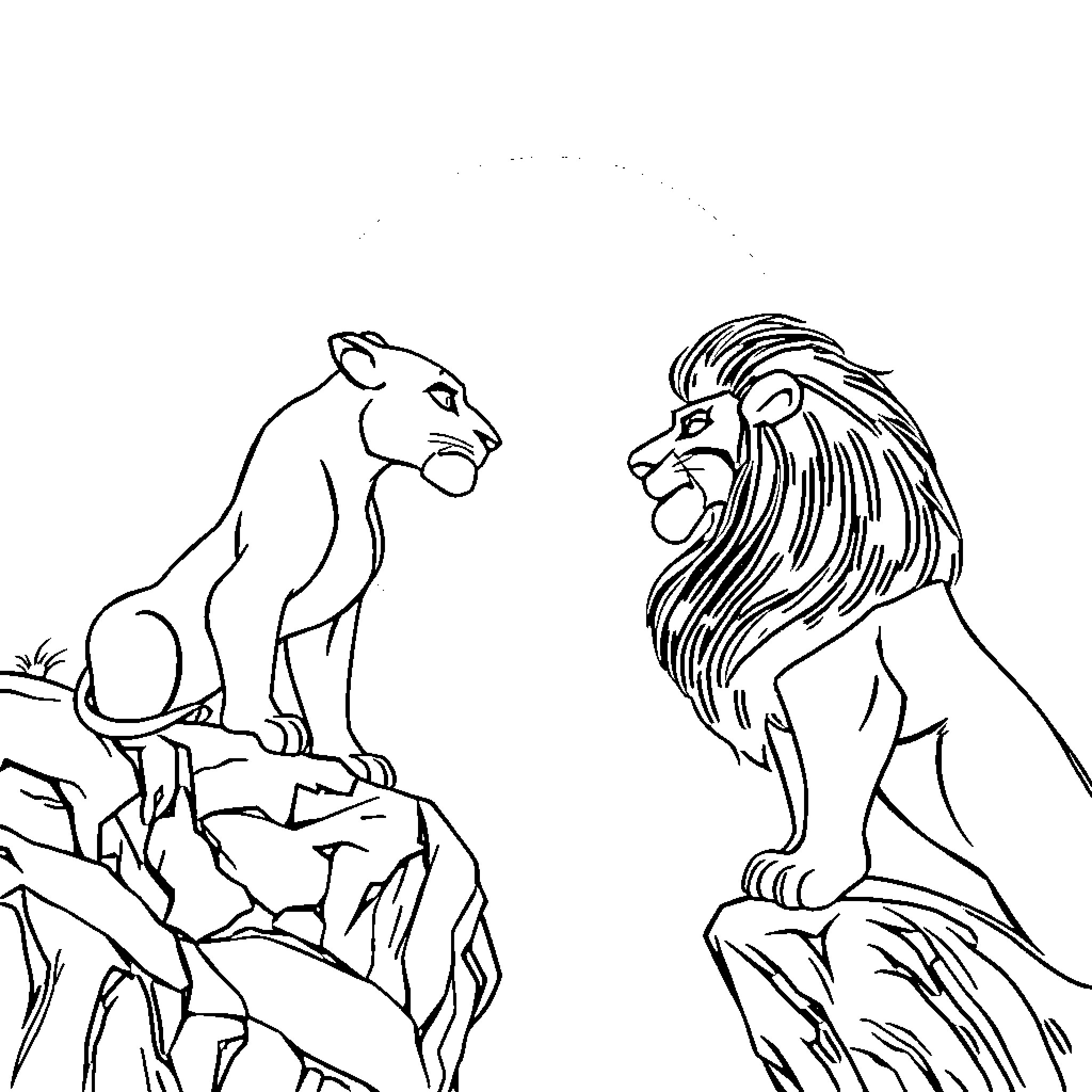 Simba and Mufasa confront each other on the rocky cliffs Coloring Page (free black-and-white line drawing printable PDF for all, from beginners to advanced learners, including children, teens, adults, and seniors)