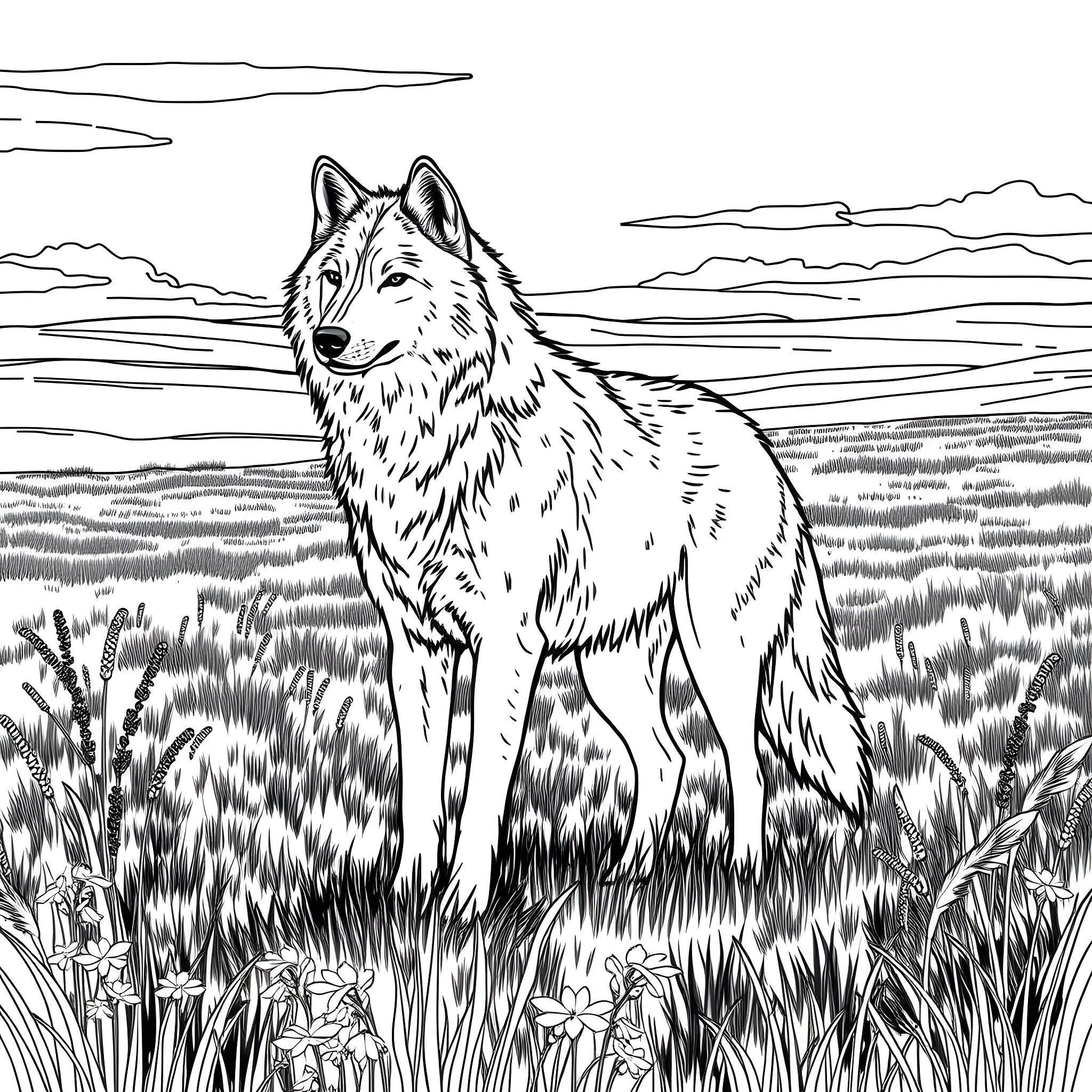 Wolf standing alert in the wilderness Coloring Page (free black-and-white line drawing printable PDF for all, from beginners to advanced learners, including children, teens, adults, and seniors)
