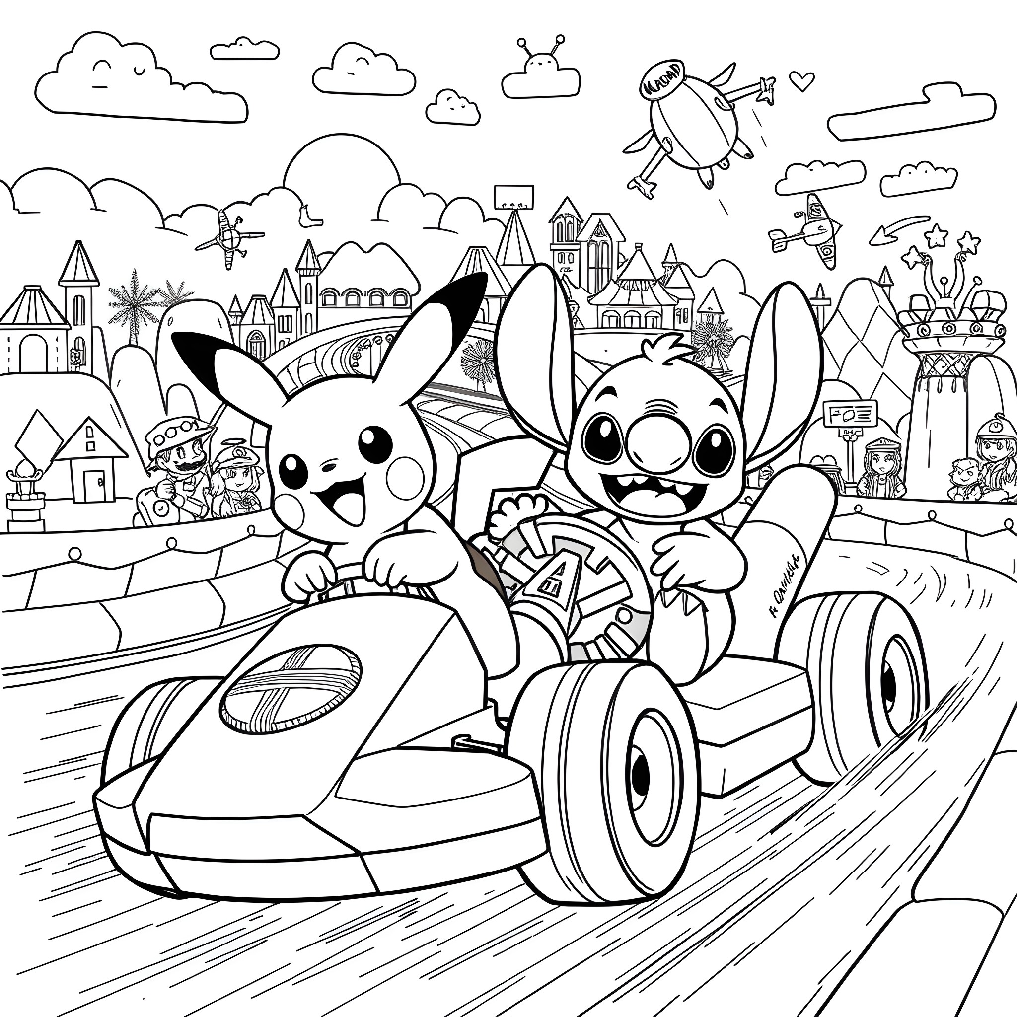 Pikachu and Stitch racing in a fun-filled cartoon world Coloring Page (free black-and-white line drawing printable PDF for all, from beginners to advanced learners, including children, teens, adults, and seniors)