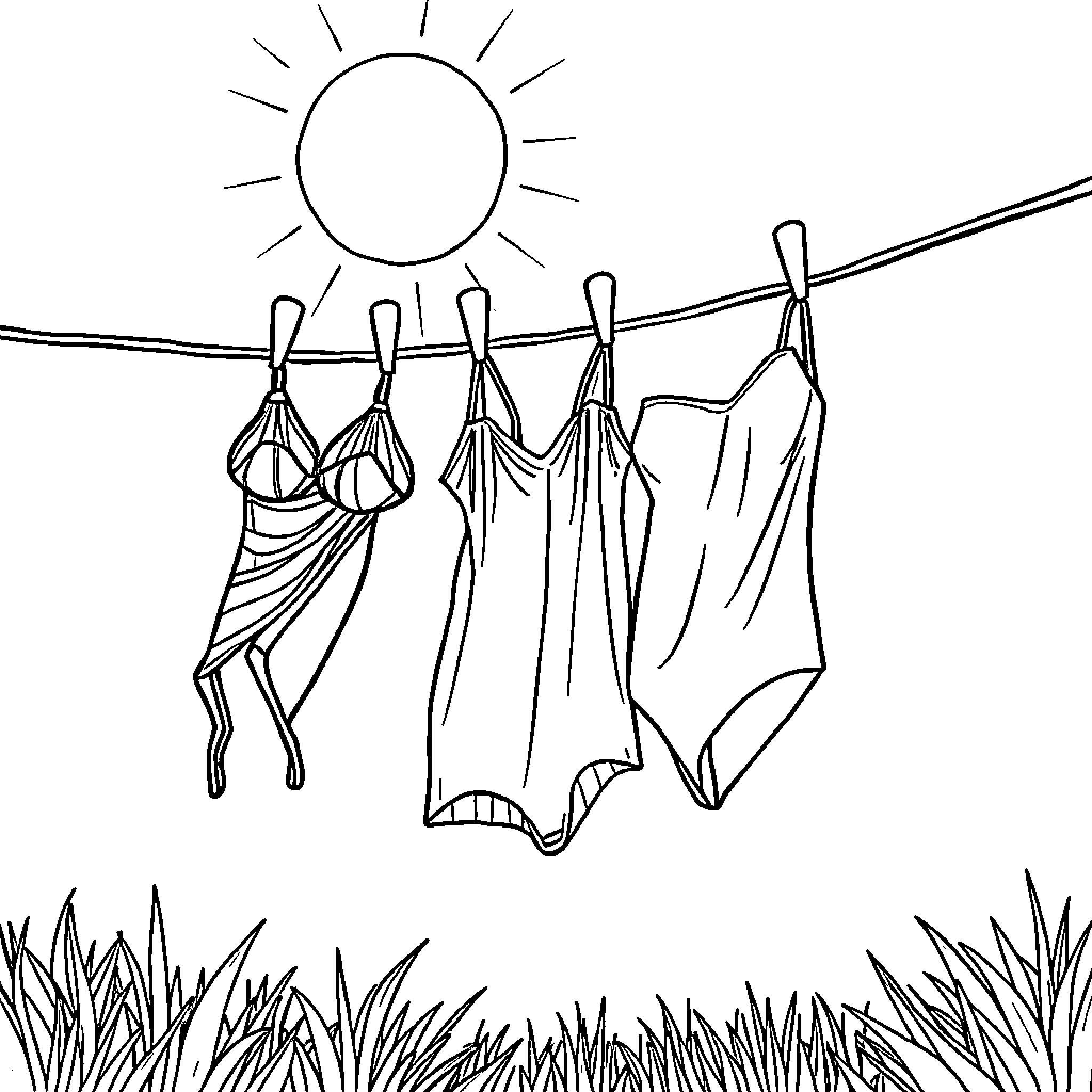 Speedo swimming suits drying in the sun Coloring Page (free black-and-white line drawing printable PDF for all, from beginners to advanced learners, including children, teens, adults, and seniors)