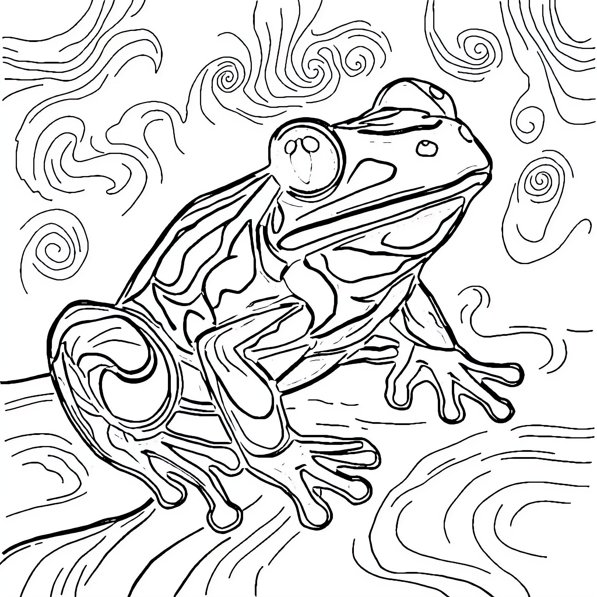 Frog amid swirling patterns Coloring Page (free black-and-white line drawing printable PDF for all, from beginners to advanced learners, including children, teens, adults, and seniors)
