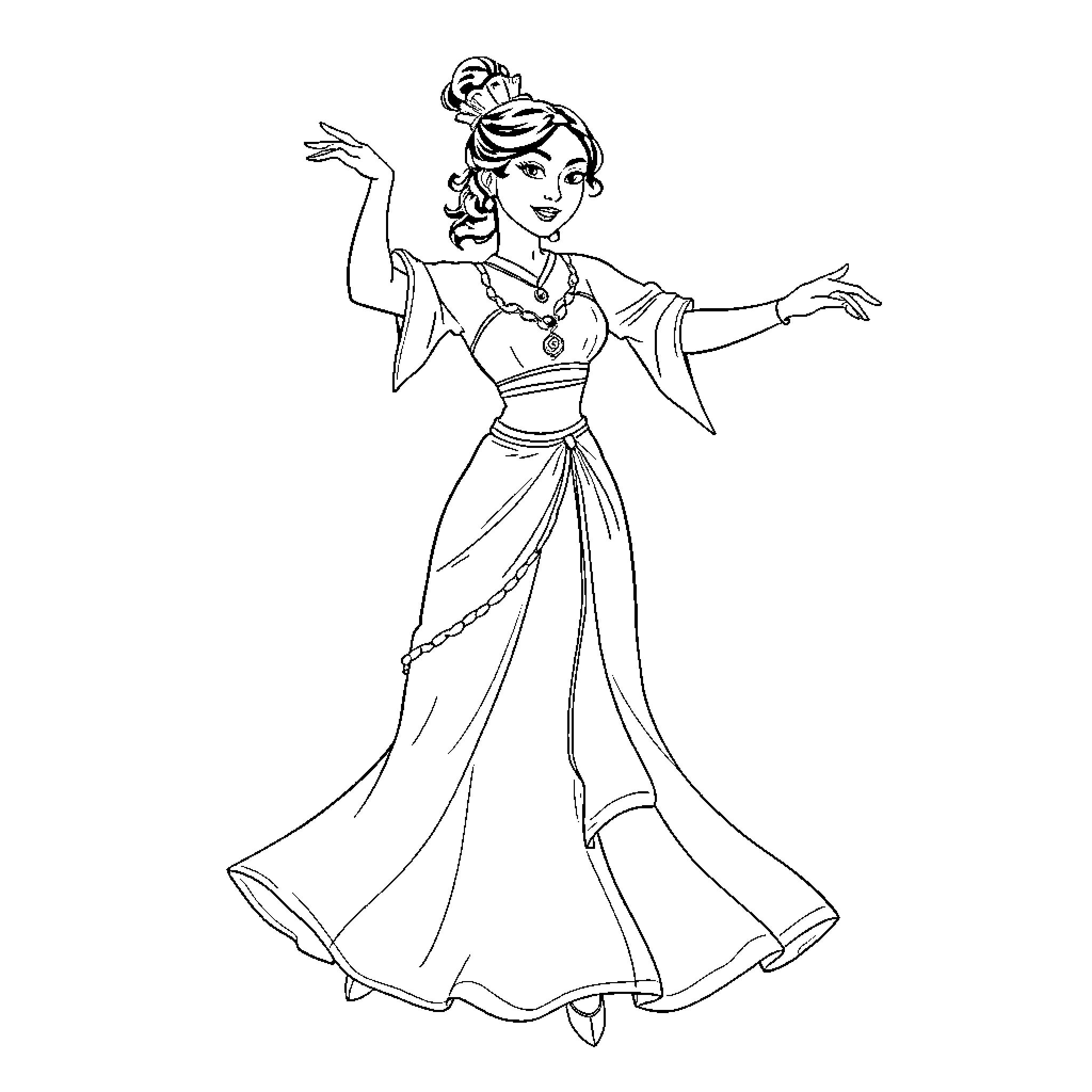 Mulan in Traditional Chinese Dress Posing Coloring Page (free black-and-white line drawing printable PDF for all, from beginners to advanced learners, including children, teens, adults, and seniors)