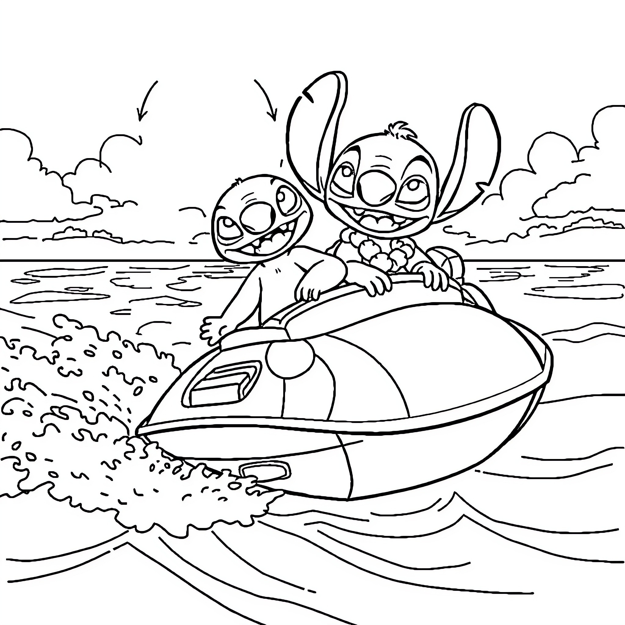 Lilo and Stitch riding a hovercraft across the ocean Coloring Page (free black-and-white line drawing printable PDF for all, from beginners to advanced learners, including children, teens, adults, and seniors)
