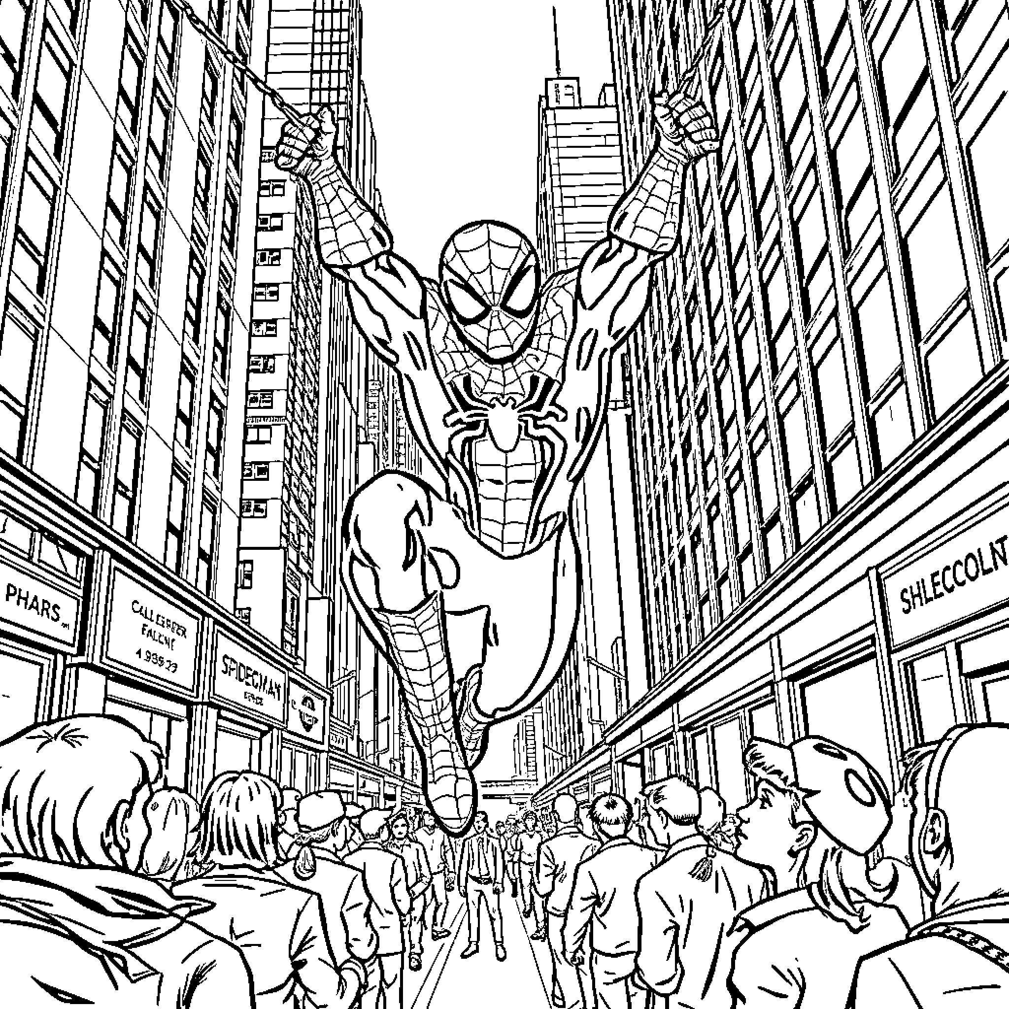 Spiderman swinging through the bustling city streets Coloring Page (free black-and-white line drawing printable PDF for all, from beginners to advanced learners, including children, teens, adults, and seniors)