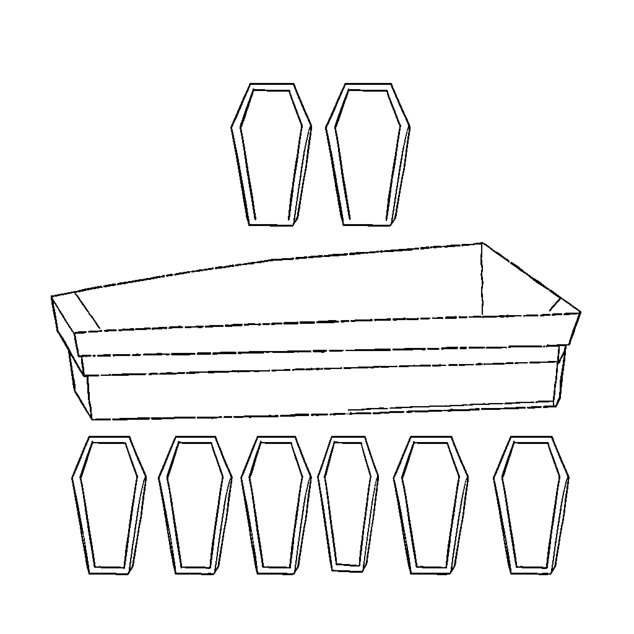 Coffins arranged in a tray Coloring Page (free black-and-white line drawing printable PDF for all, from beginners to advanced learners, including children, teens, adults, and seniors)