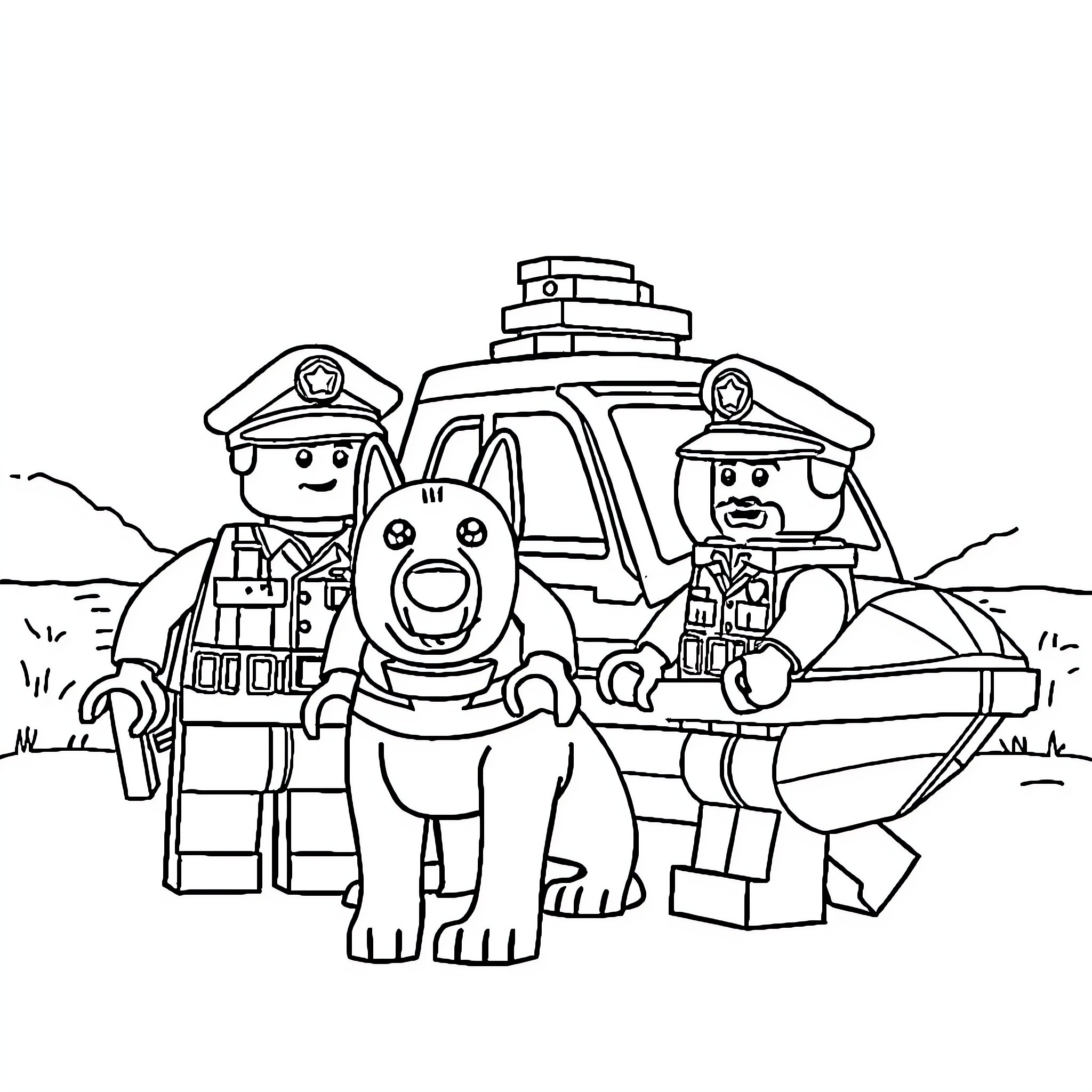 Lego Police Officers and K9 Unit Patrolling Coloring Page (free black-and-white line drawing printable PDF for all, from beginners to advanced learners, including children, teens, adults, and seniors)