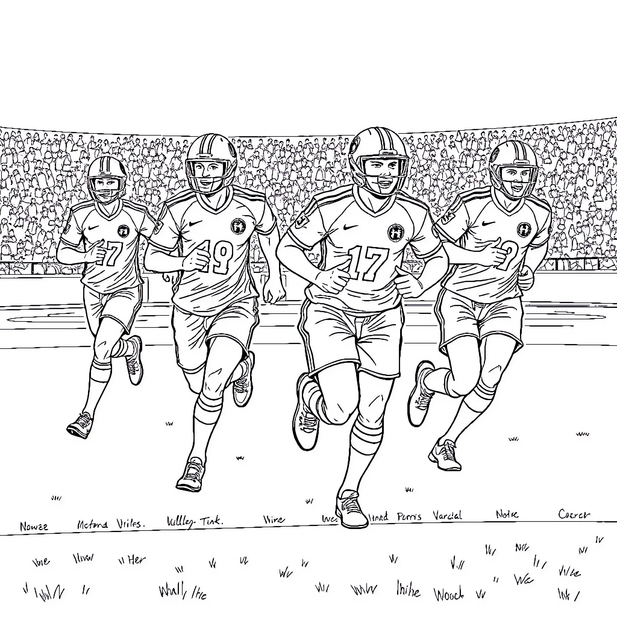 Football Players Running on the Field Coloring Page (free black-and-white line drawing printable PDF for all, from beginners to advanced learners, including children, teens, adults, and seniors)