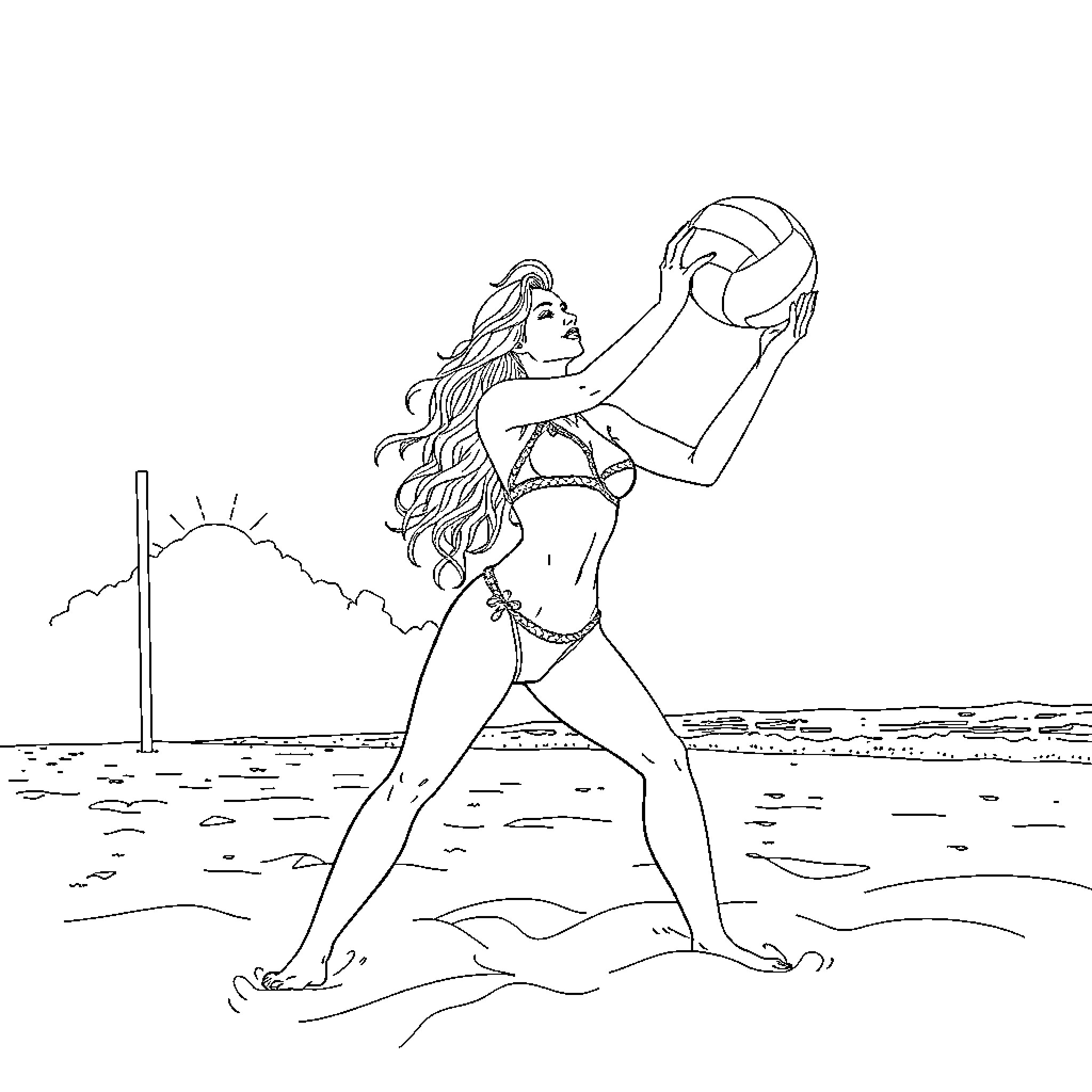 Model Playing Volleyball on the Beach Coloring Page (free black-and-white line drawing printable PDF for all, from beginners to advanced learners, including children, teens, adults, and seniors)