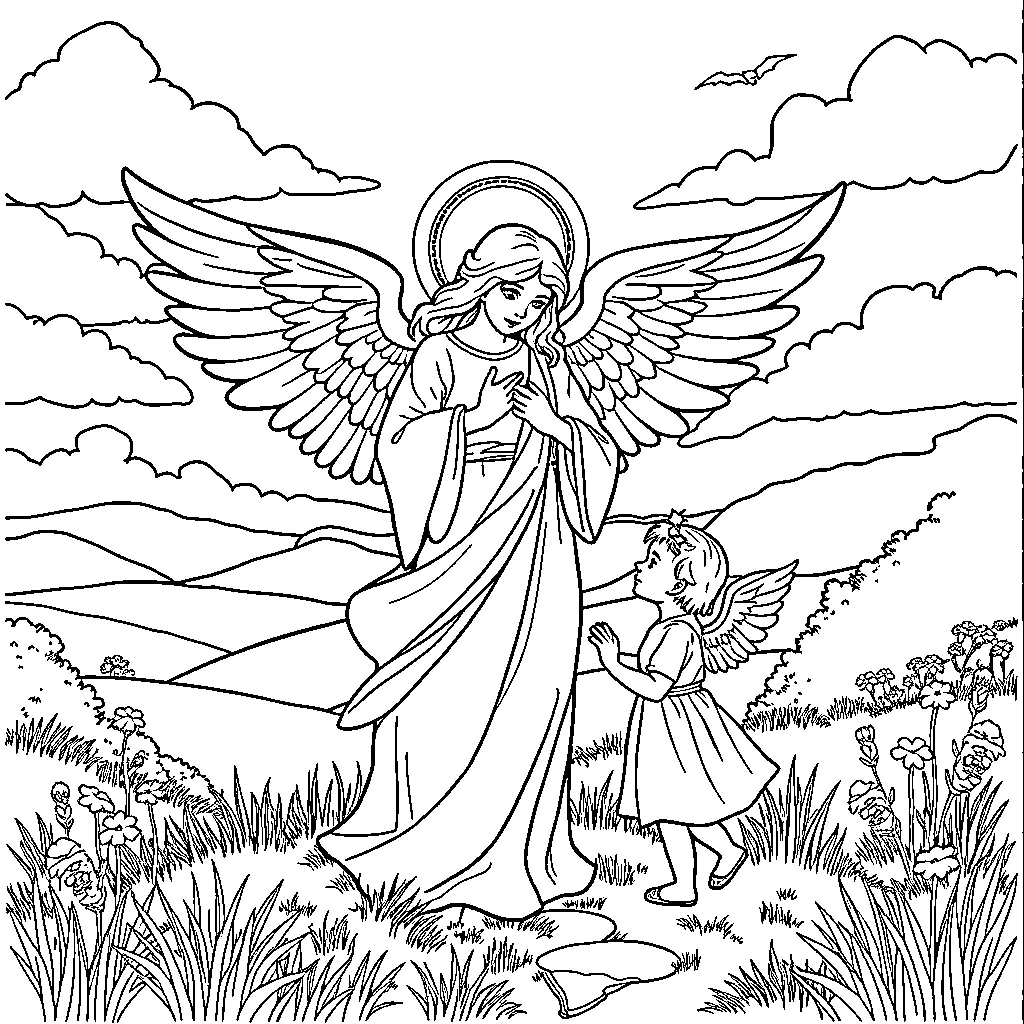 Guardian Angel Watching Over a Child in Nature Coloring Page (free black-and-white line drawing printable PDF for all, from beginners to advanced learners, including children, teens, adults, and seniors)