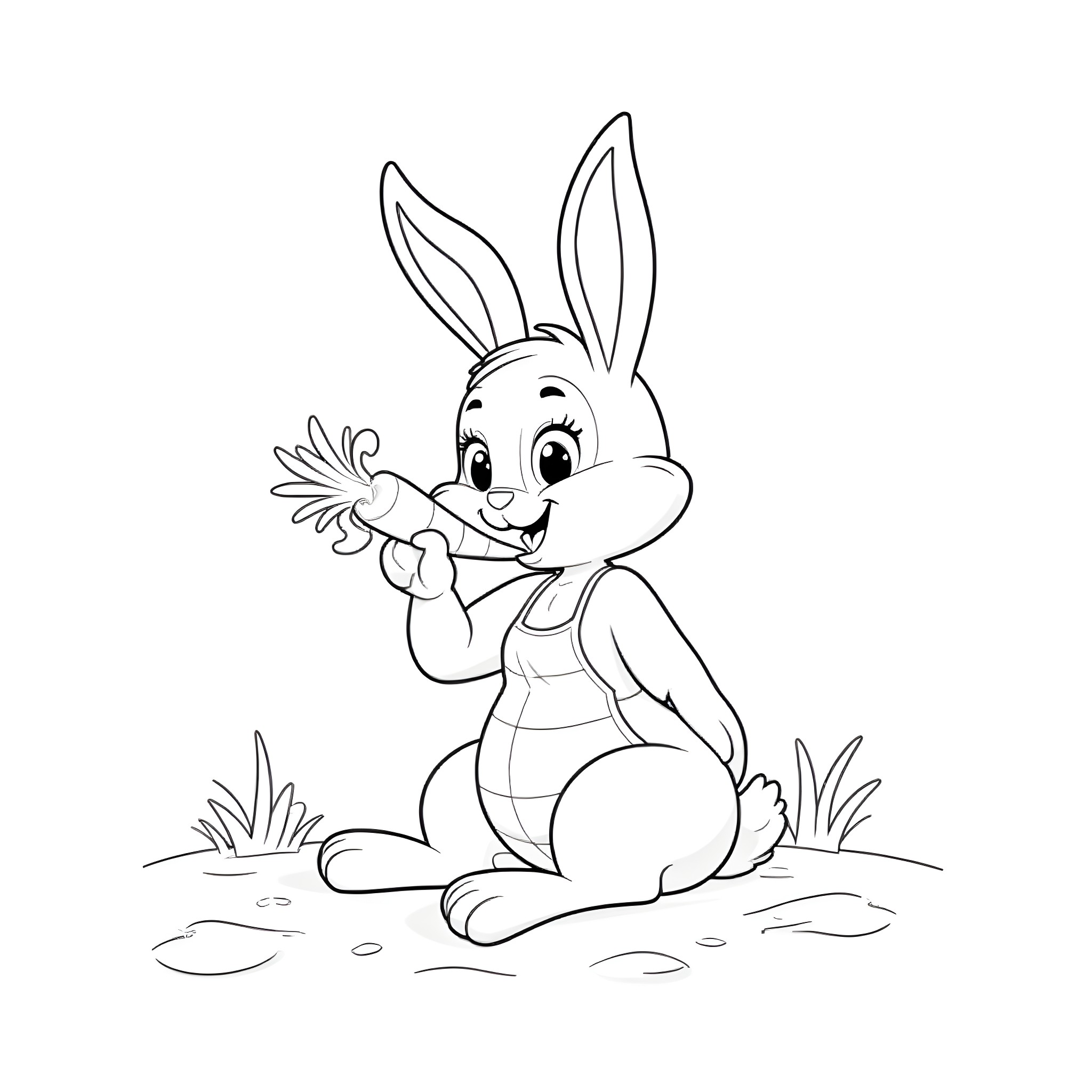 Rabbit munching on carrot in the meadow Coloring Page (free black-and-white line drawing printable PDF for all, from beginners to advanced learners, including children, teens, adults, and seniors)