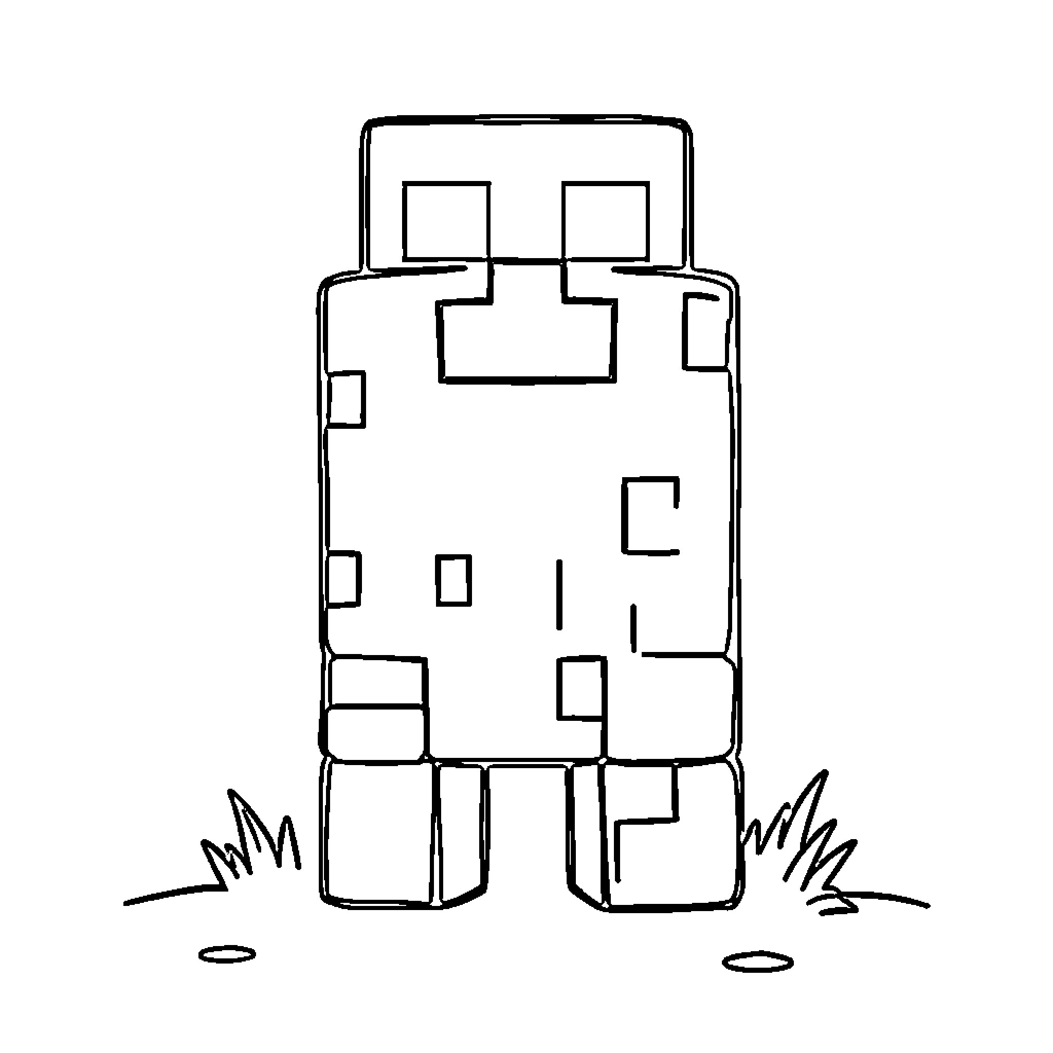 Creeper standing still in a grassy field Coloring Page (free black-and-white line drawing printable PDF for all, from beginners to advanced learners, including children, teens, adults, and seniors)
