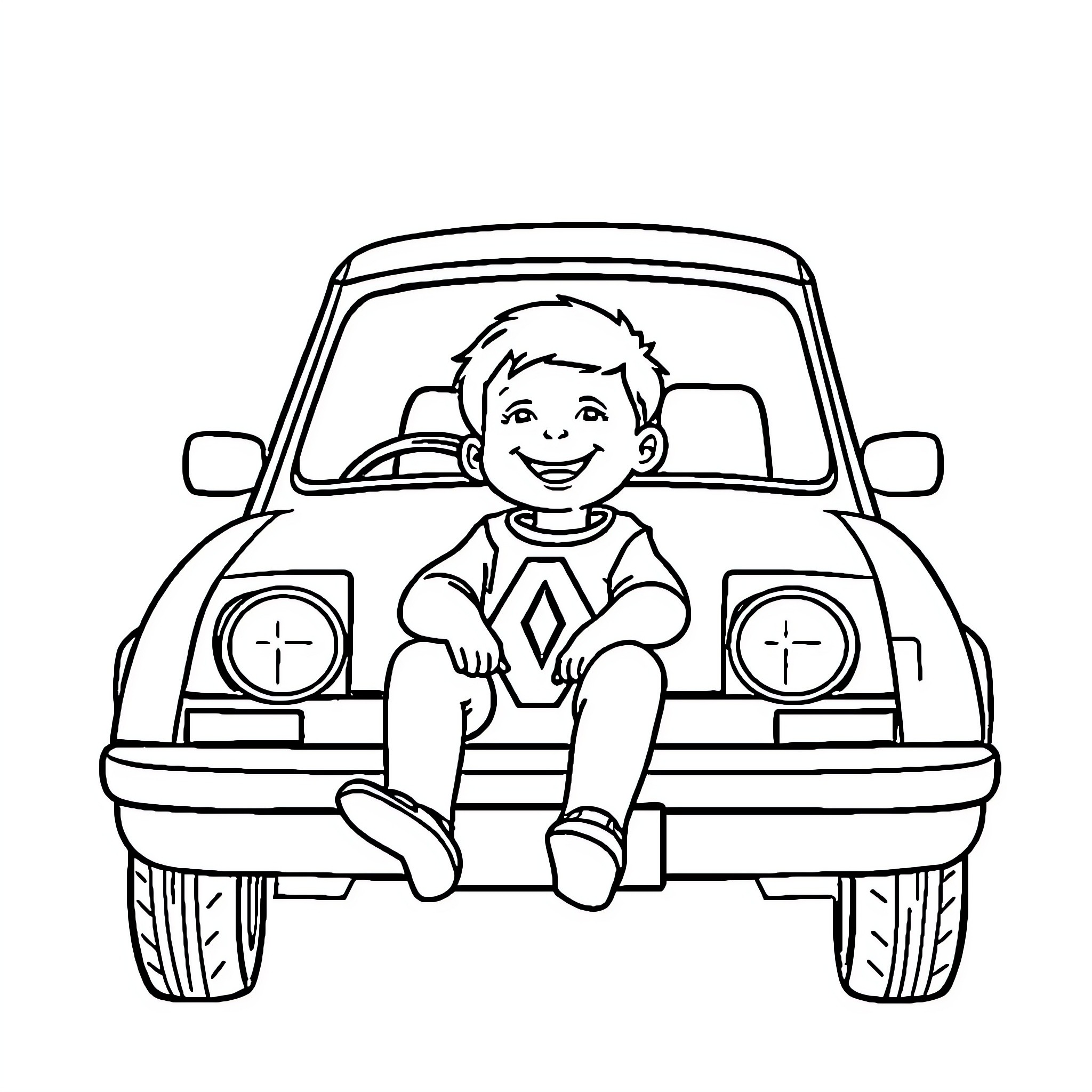 Renault 5 with a young boy enjoying the ride Coloring Page (free black-and-white line drawing printable PDF for all, from beginners to advanced learners, including children, teens, adults, and seniors)