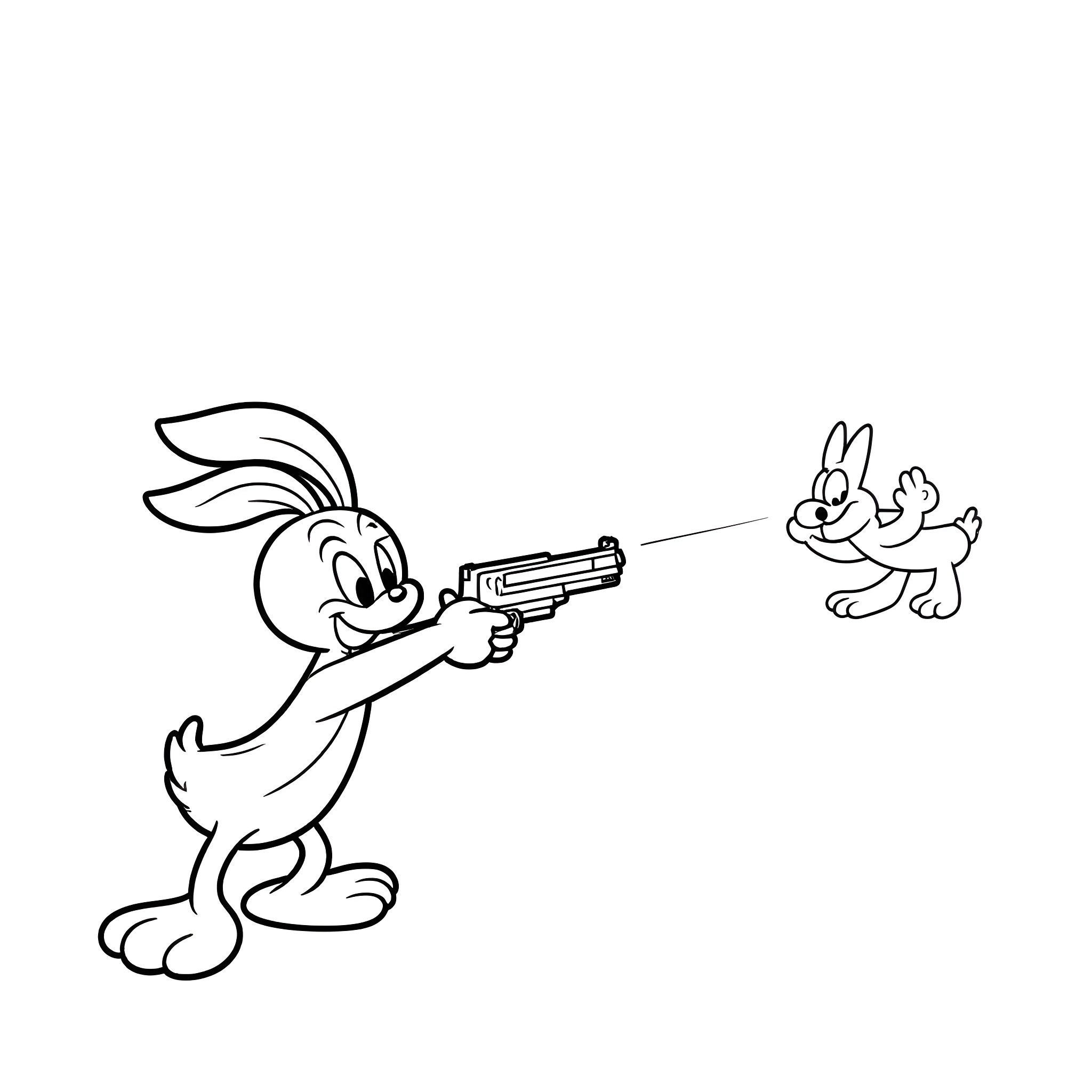 Daffy Duck shooting a rabbit with a gun Coloring Page (free black-and-white line drawing printable PDF for all, from beginners to advanced learners, including children, teens, adults, and seniors)