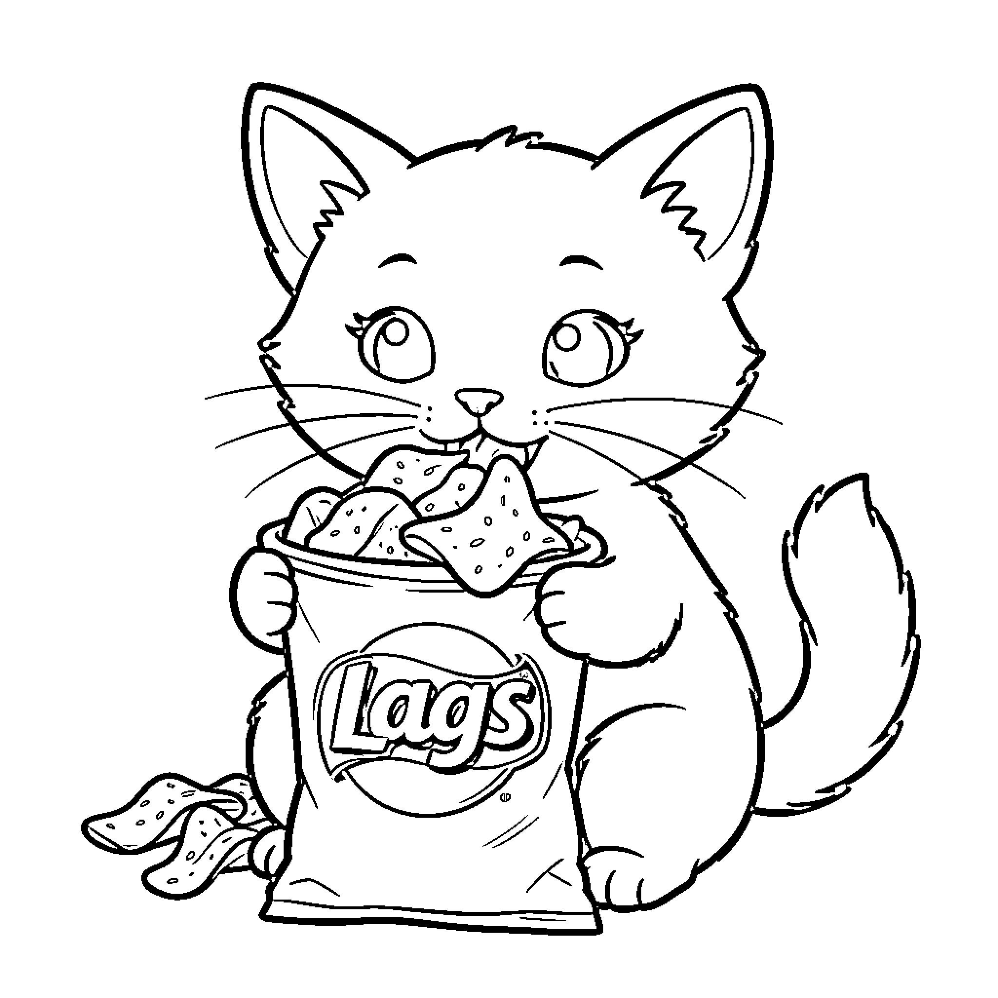 Gato eating snacks from a large bag Coloring Page (free black-and-white line drawing printable PDF for all, from beginners to advanced learners, including children, teens, adults, and seniors)