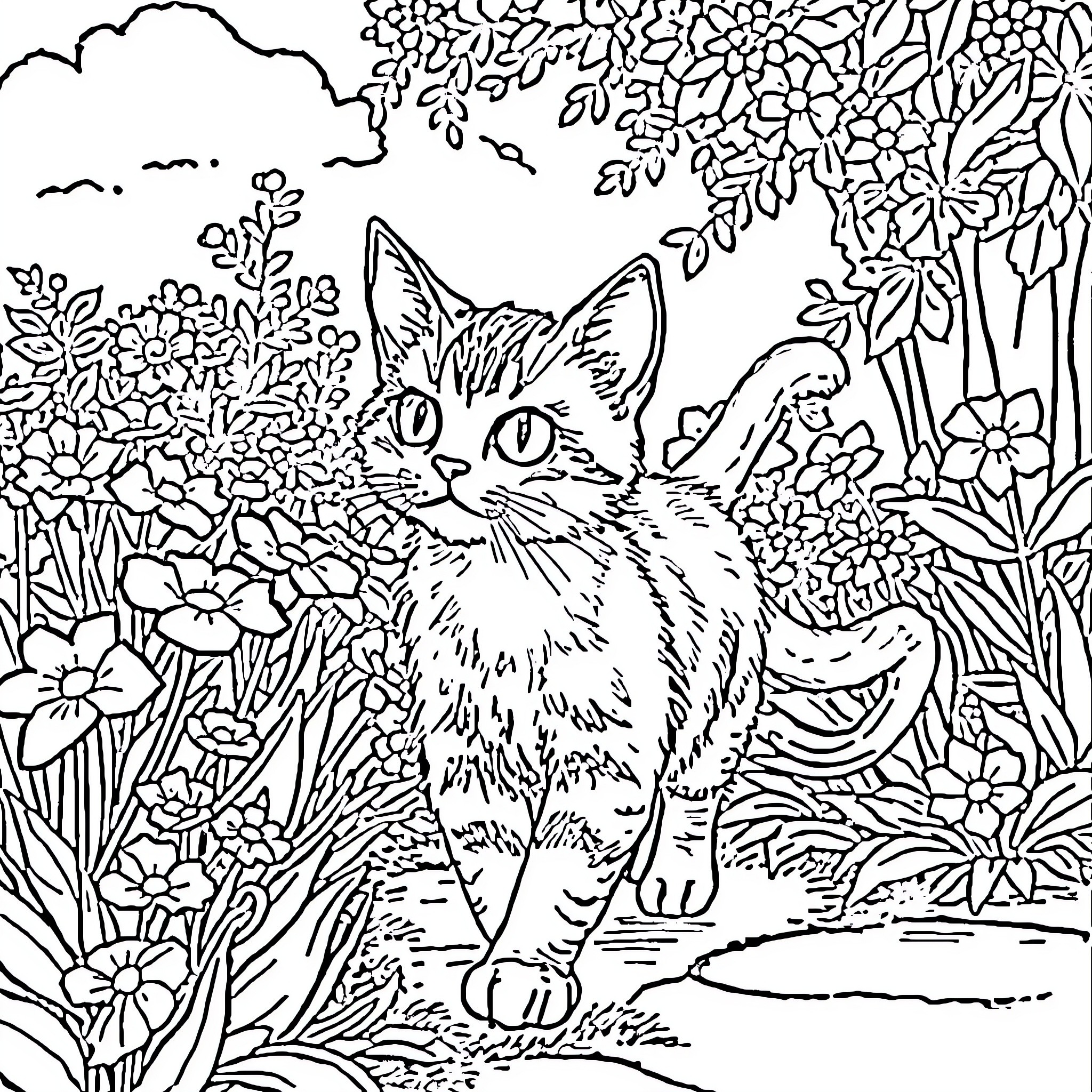 Cat exploring the floral garden Coloring Page (free black-and-white line drawing printable PDF for all, from beginners to advanced learners, including children, teens, adults, and seniors)