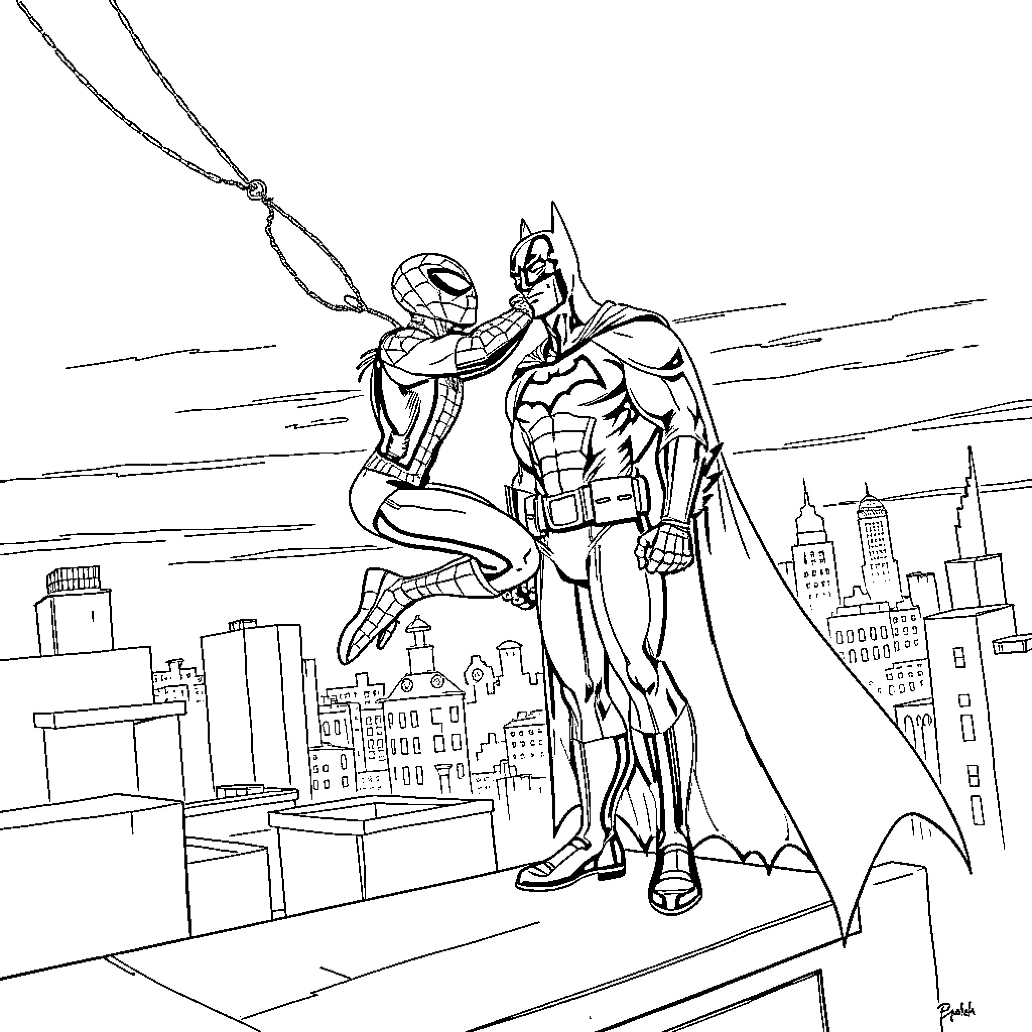 Spiderman and Batman team up in the city Coloring Page (free black-and-white line drawing printable PDF for all, from beginners to advanced learners, including children, teens, adults, and seniors)