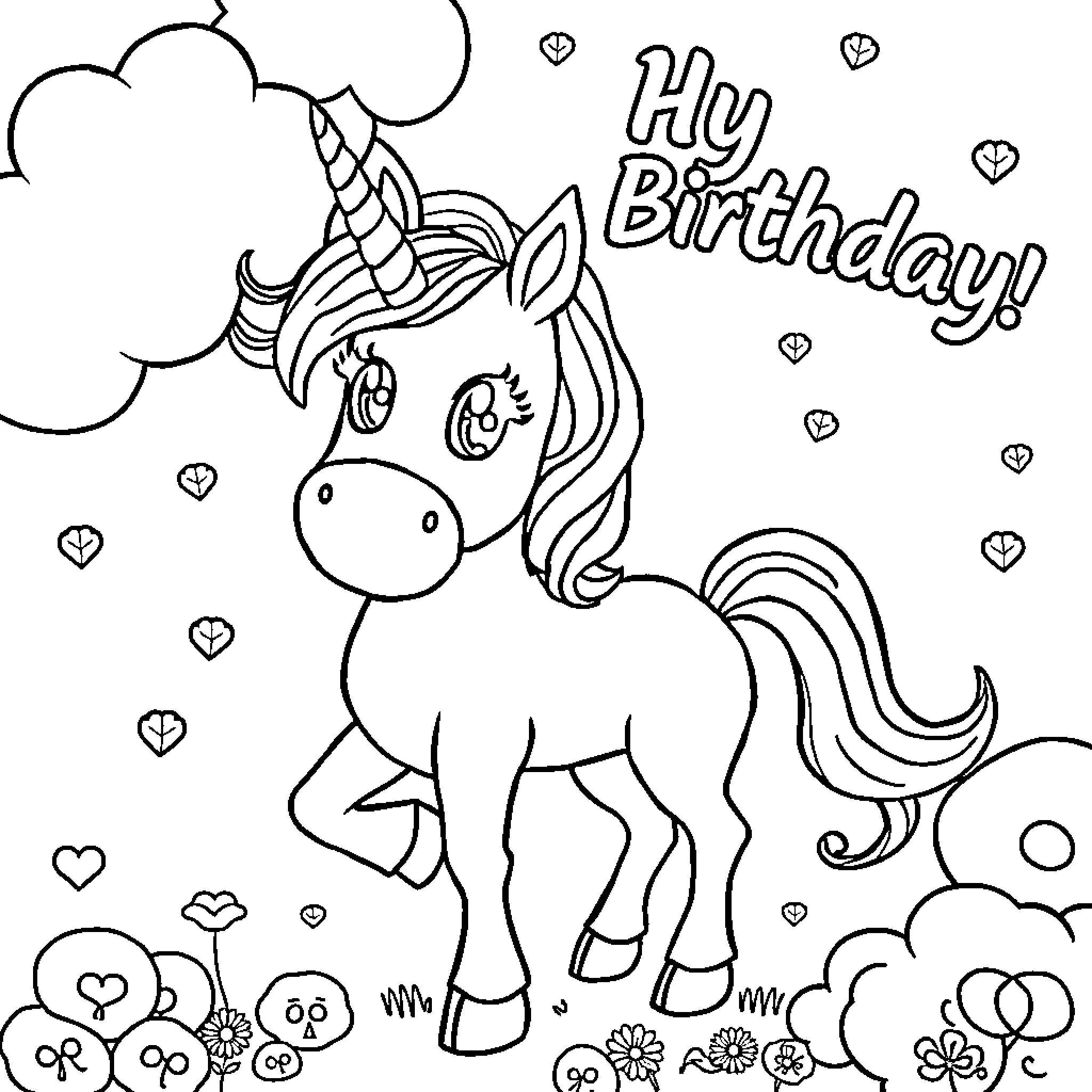 Unicorn celebrating a happy birthday with hearts and flowers Coloring Page (free black-and-white line drawing printable PDF for all, from beginners to advanced learners, including children, teens, adults, and seniors)
