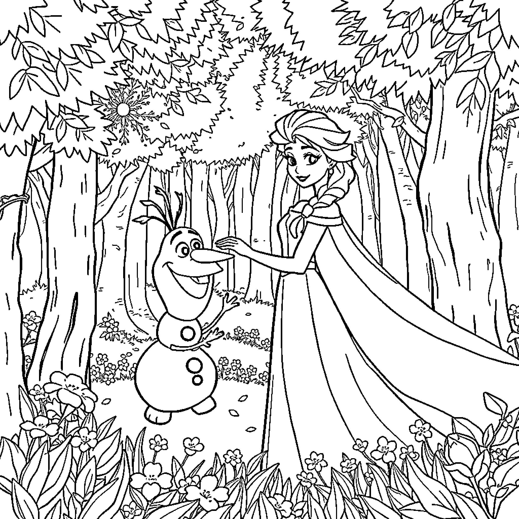 Princess Elsa exploring the enchanted forest with Olaf Coloring Page (free black-and-white line drawing printable PDF for all, from beginners to advanced learners, including children, teens, adults, and seniors)