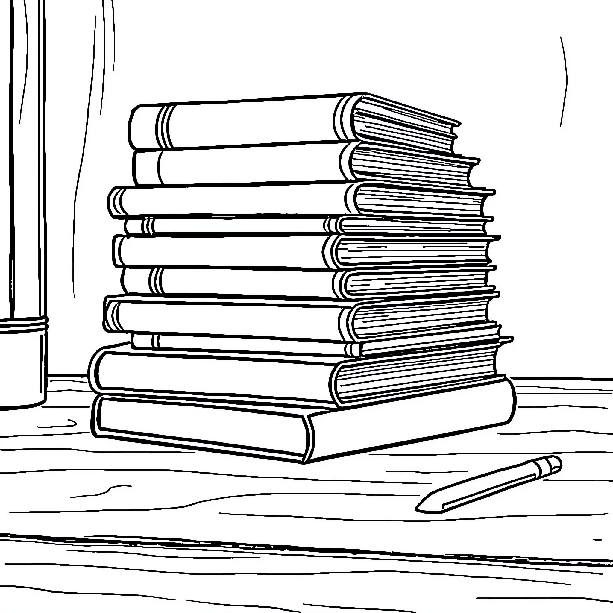 Book pile on wooden desk with pencil Coloring Page (free black-and-white line drawing printable PDF for all, from beginners to advanced learners, including children, teens, adults, and seniors)