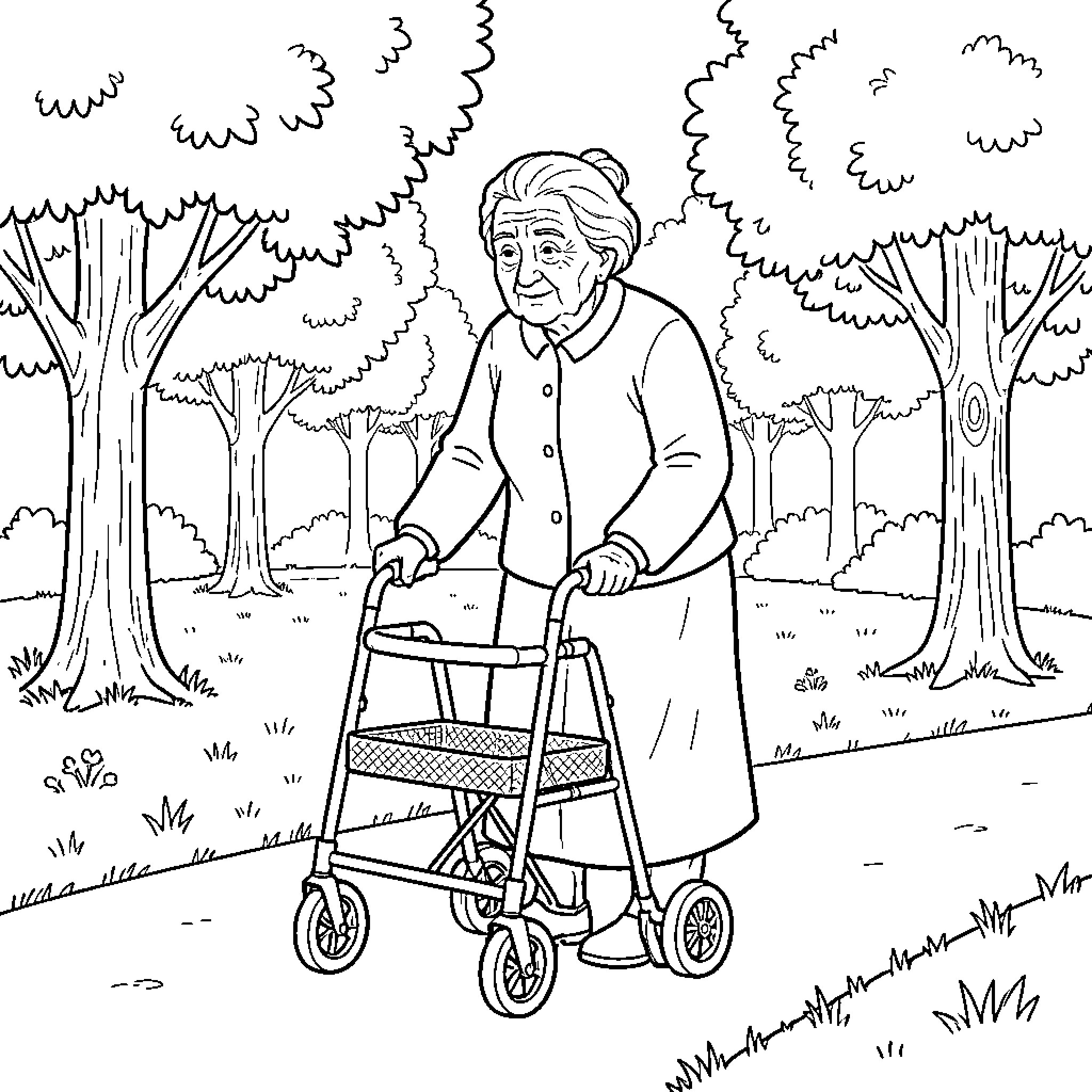 Old Woman walking with a walker in a park Coloring Page (free black-and-white line drawing printable PDF for all, from beginners to advanced learners, including children, teens, adults, and seniors)