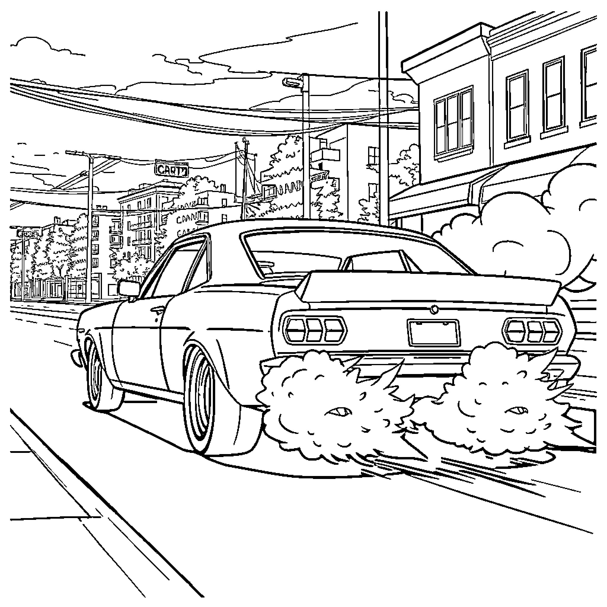 Car speeding through city street Coloring Page (free black-and-white line drawing printable PDF for all, from beginners to advanced learners, including children, teens, adults, and seniors)