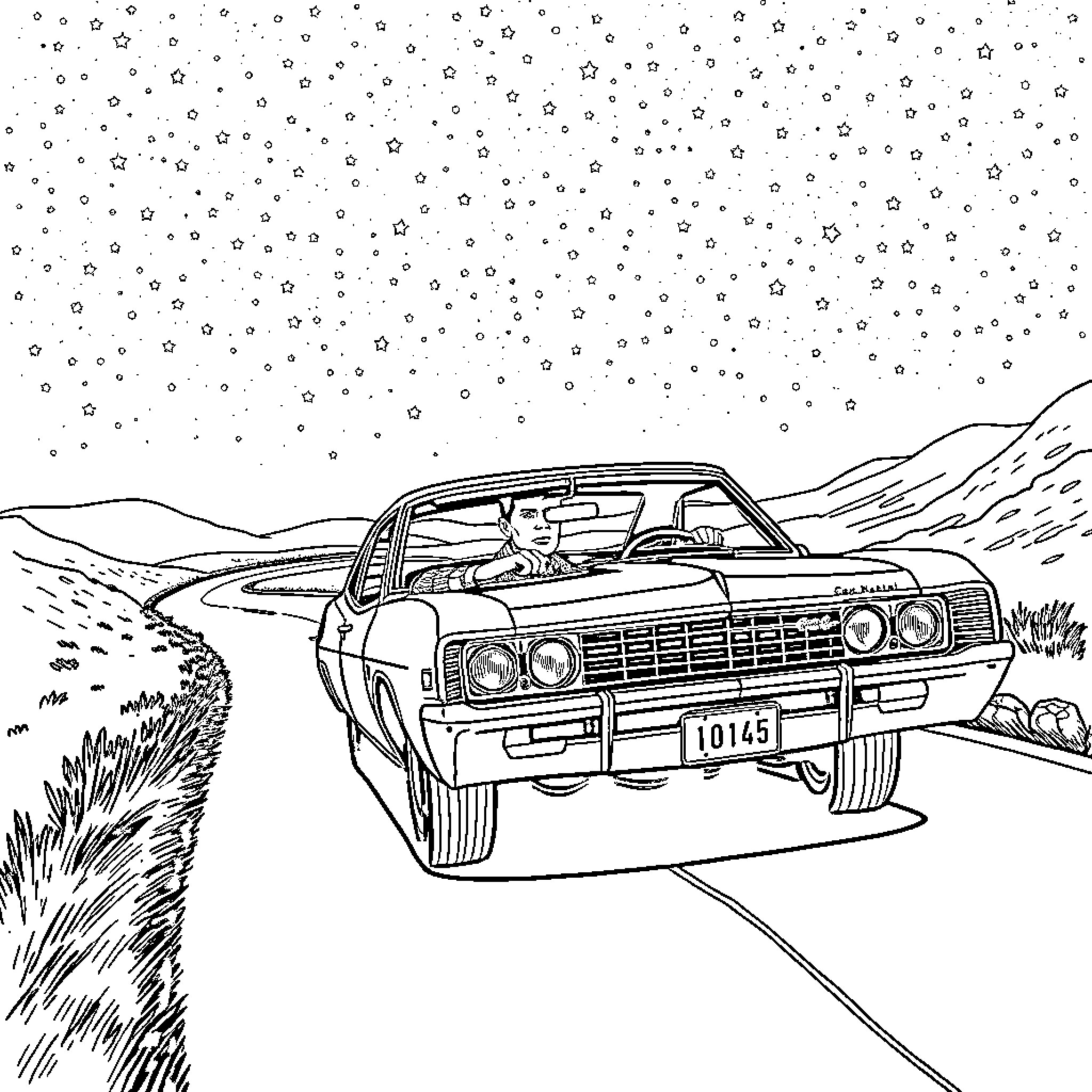 Dean drives classic car on snowy night Coloring Page (free black-and-white line drawing printable PDF for all, from beginners to advanced learners, including children, teens, adults, and seniors)