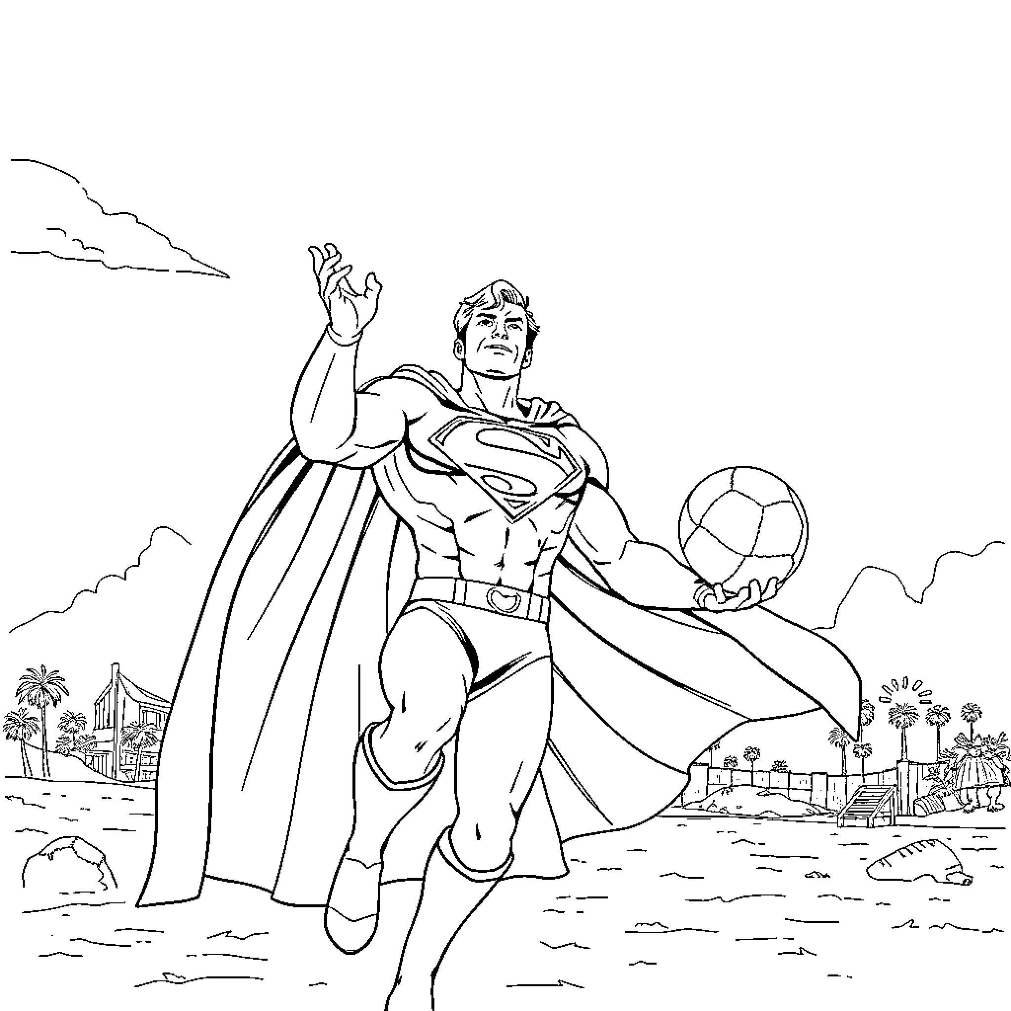 Superman saving the day with heroic pose Coloring Page (free black-and-white line drawing printable PDF for all, from beginners to advanced learners, including children, teens, adults, and seniors)