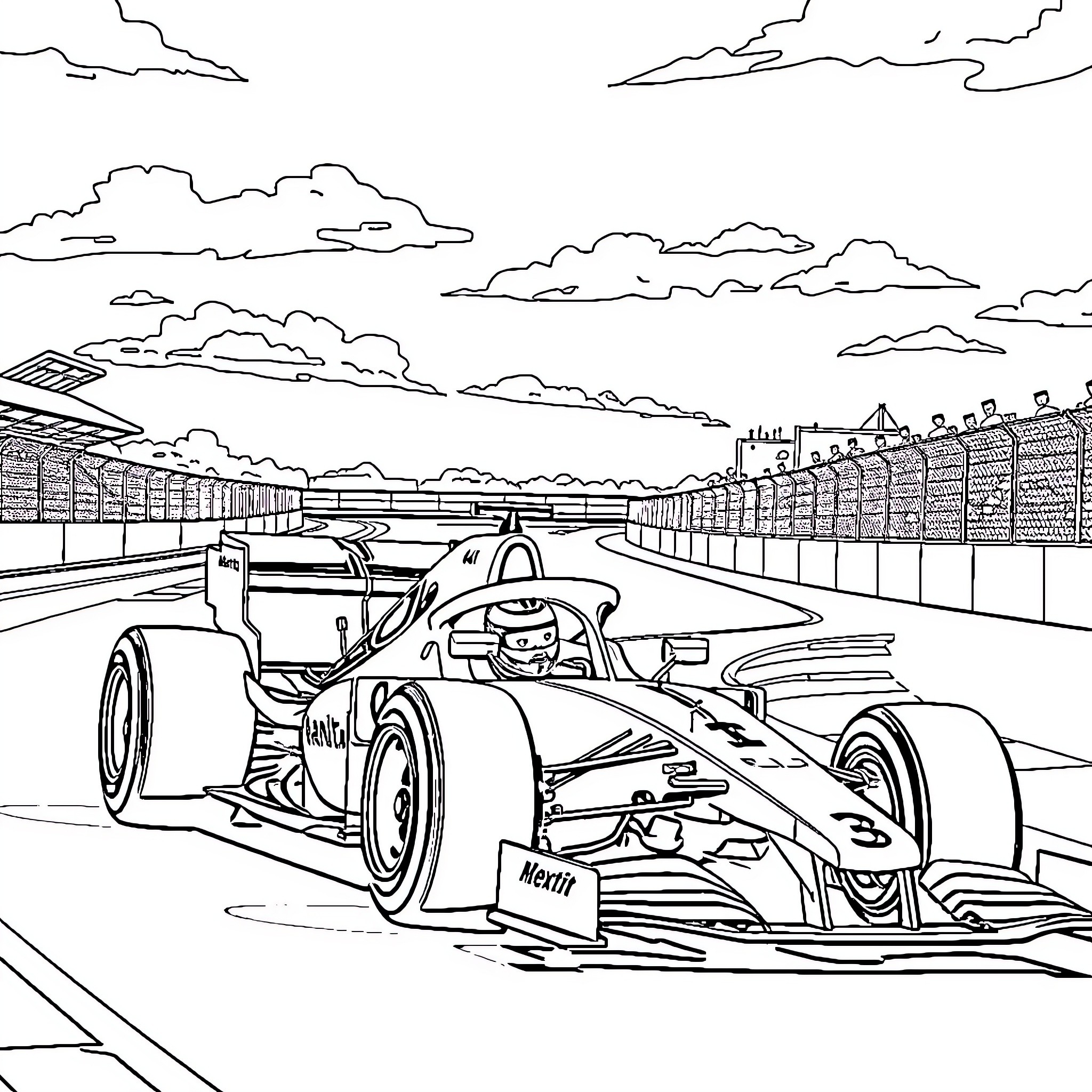 Hamilton's Formula 1 race on the track Coloring Page (free black-and-white line drawing printable PDF for all, from beginners to advanced learners, including children, teens, adults, and seniors)