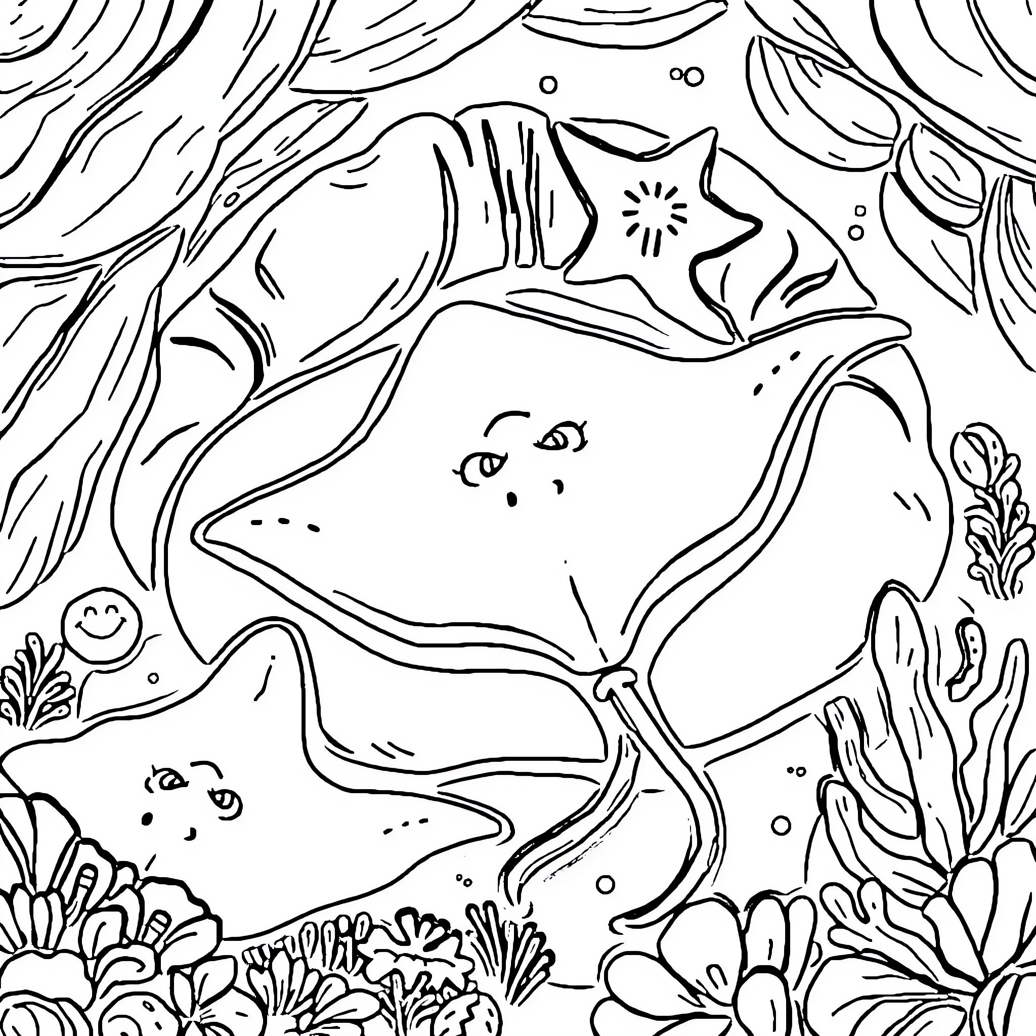 Stingray swimming among underwater plants Coloring Page (free black-and-white line drawing printable PDF for all, from beginners to advanced learners, including children, teens, adults, and seniors)