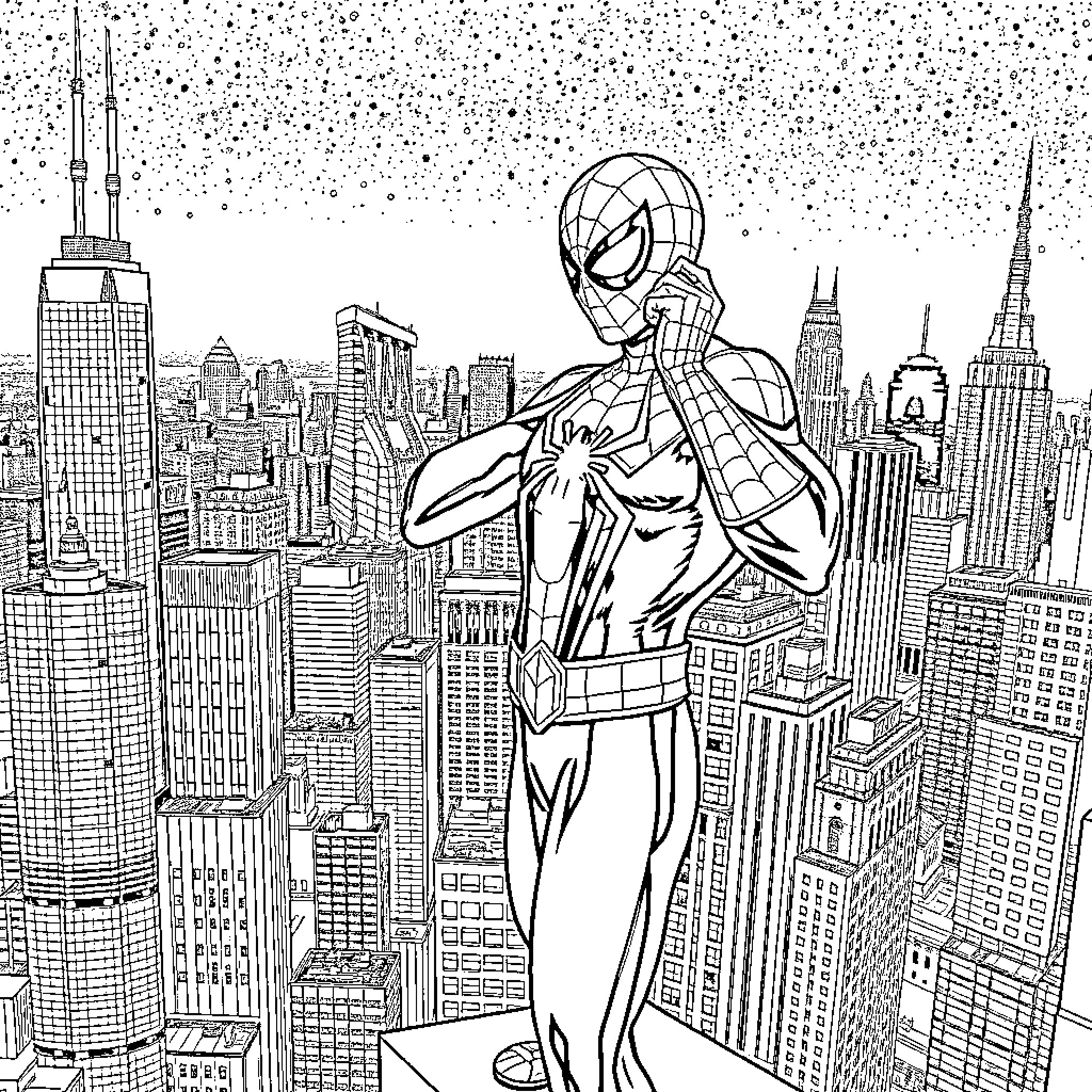 Spider-Man overlooking the city skyline Coloring Page (free black-and-white line drawing printable PDF for all, from beginners to advanced learners, including children, teens, adults, and seniors)