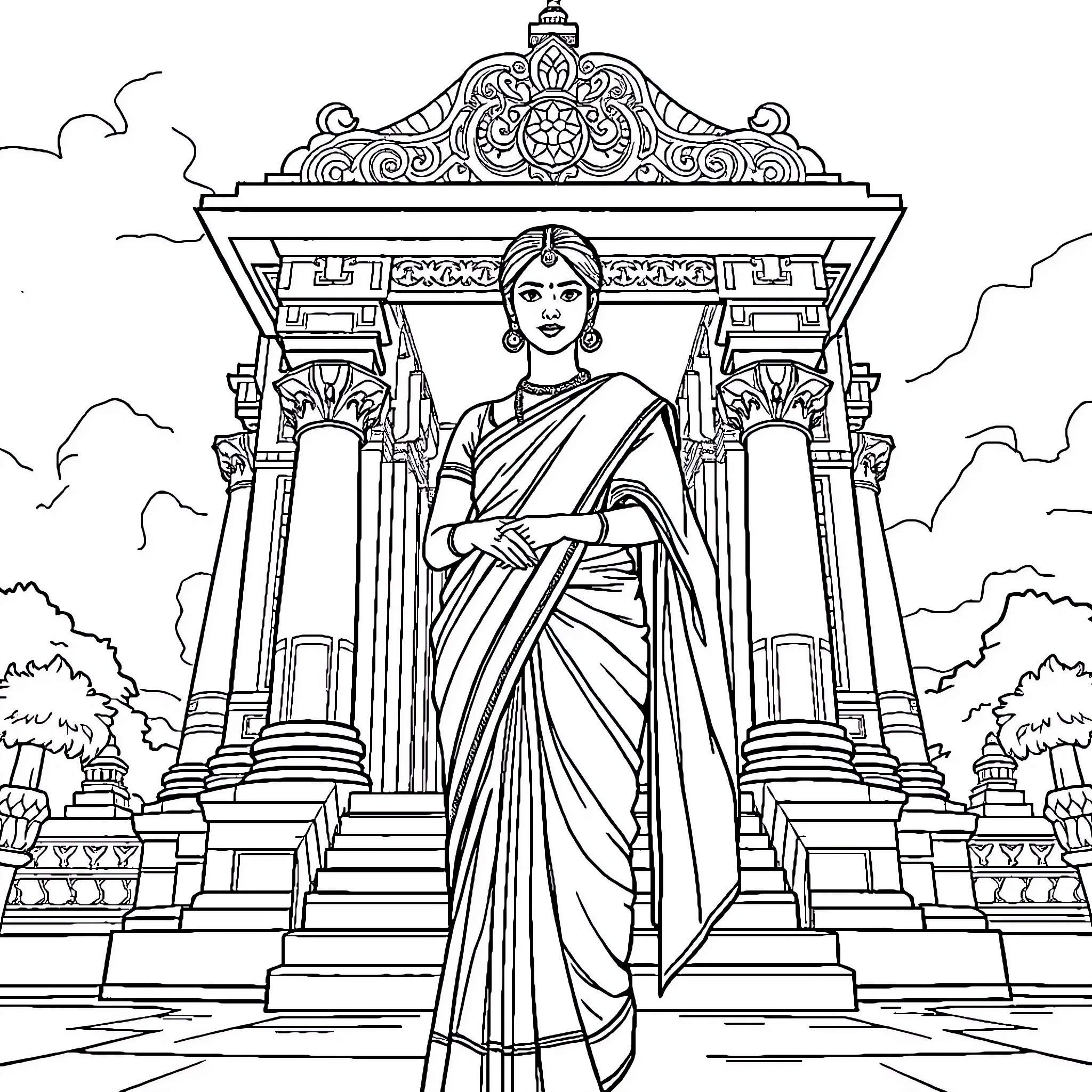Woman standing in front of ornate temple structure Coloring Page (free black-and-white line drawing printable PDF for all, from beginners to advanced learners, including children, teens, adults, and seniors)