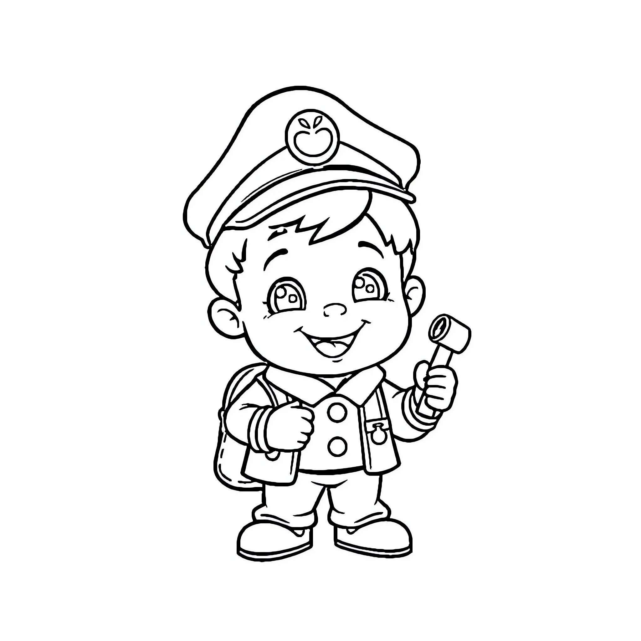 Train conductor smiling and holding a tool Coloring Page (free black-and-white line drawing printable PDF for all, from beginners to advanced learners, including children, teens, adults, and seniors)