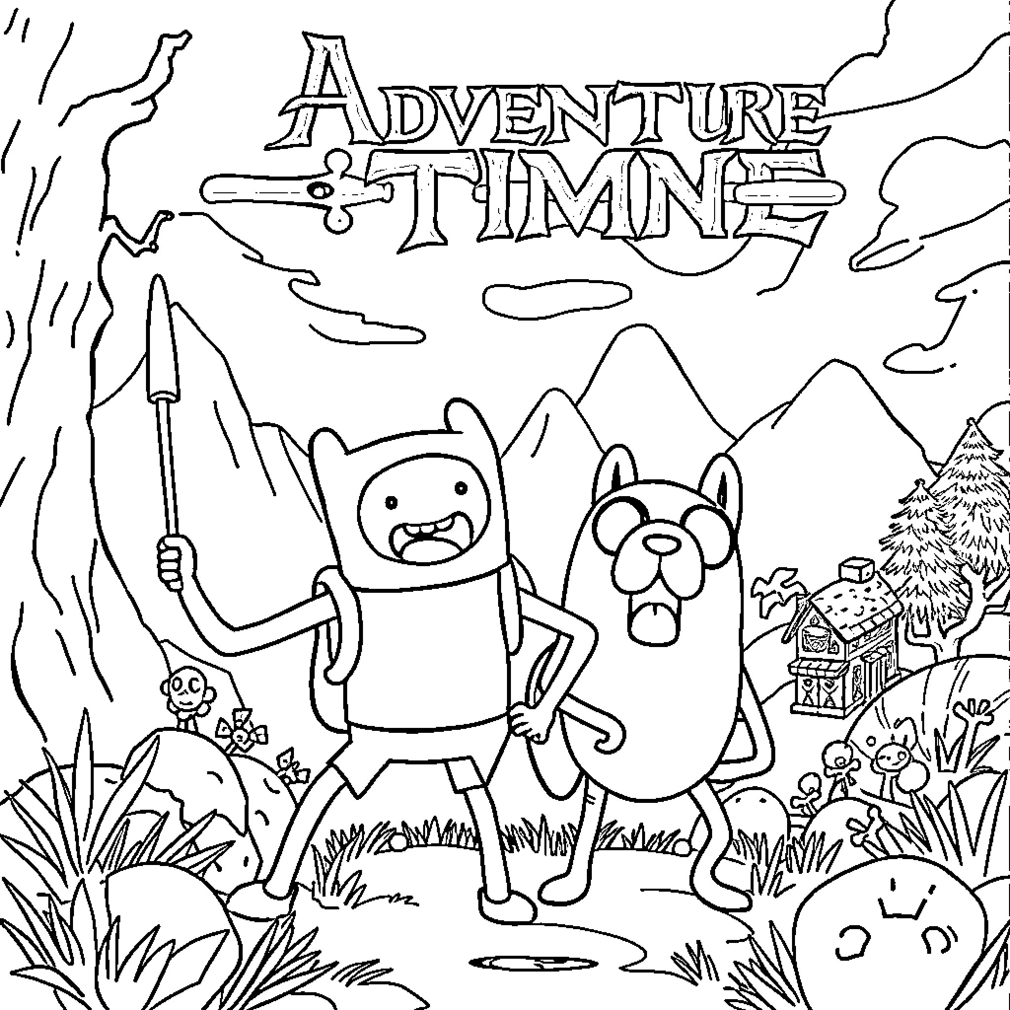 Adventure Time with Finn and Jake in the Wilderness Coloring Page (free black-and-white line drawing printable PDF for all, from beginners to advanced learners, including children, teens, adults, and seniors)
