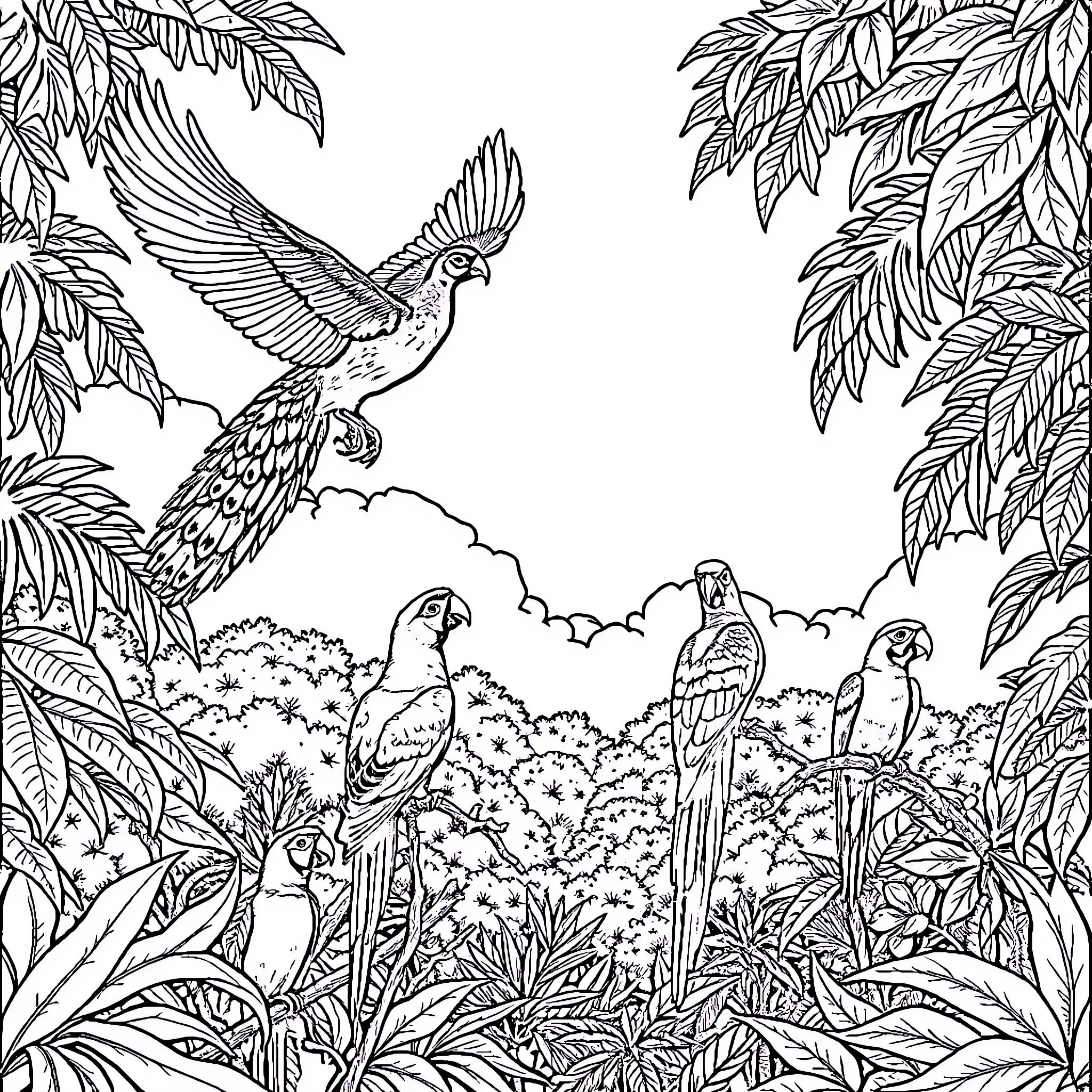 Peacock Parrots Soar Through Lush Foliage Coloring Page (free black-and-white line drawing printable PDF for all, from beginners to advanced learners, including children, teens, adults, and seniors)