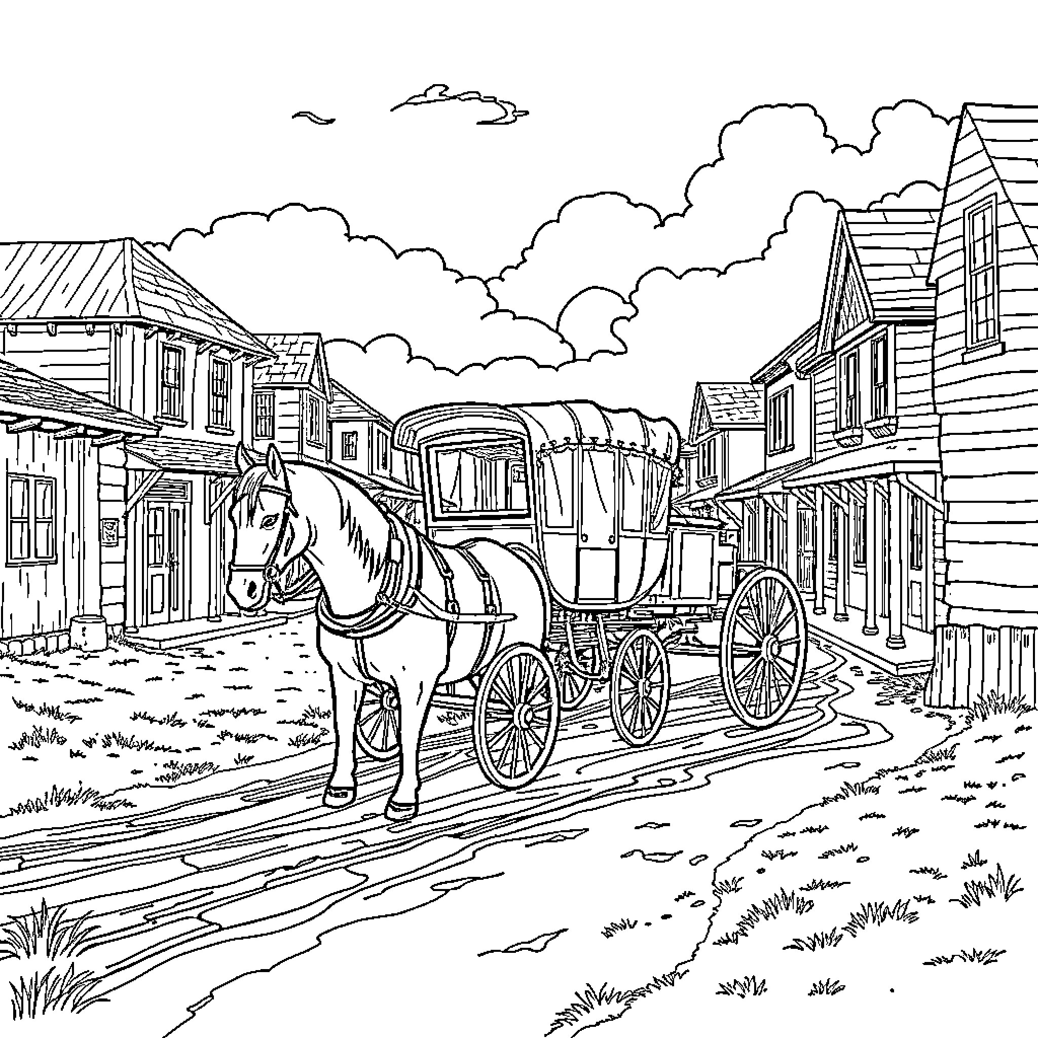Horse-drawn carriage in a historic town Coloring Page (free black-and-white line drawing printable PDF for all, from beginners to advanced learners, including children, teens, adults, and seniors)