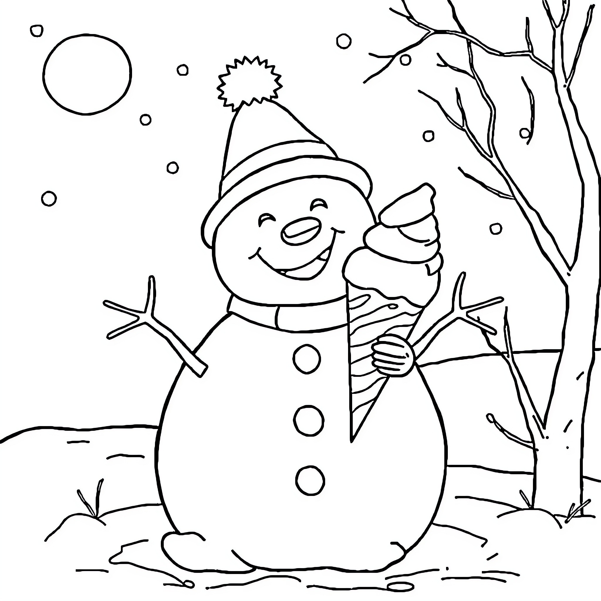 Snowman happily playing in a winter wonderland Coloring Page (free black-and-white line drawing printable PDF for all, from beginners to advanced learners, including children, teens, adults, and seniors)