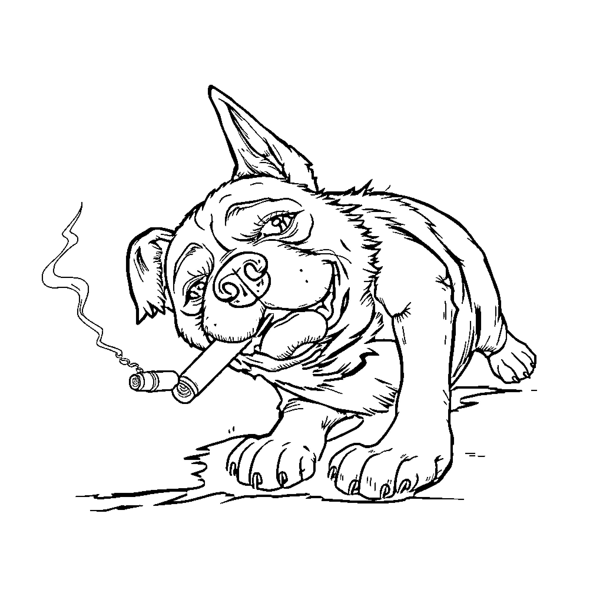 Dog smoking cigar with attitude Coloring Page (free black-and-white line drawing printable PDF for all, from beginners to advanced learners, including children, teens, adults, and seniors)