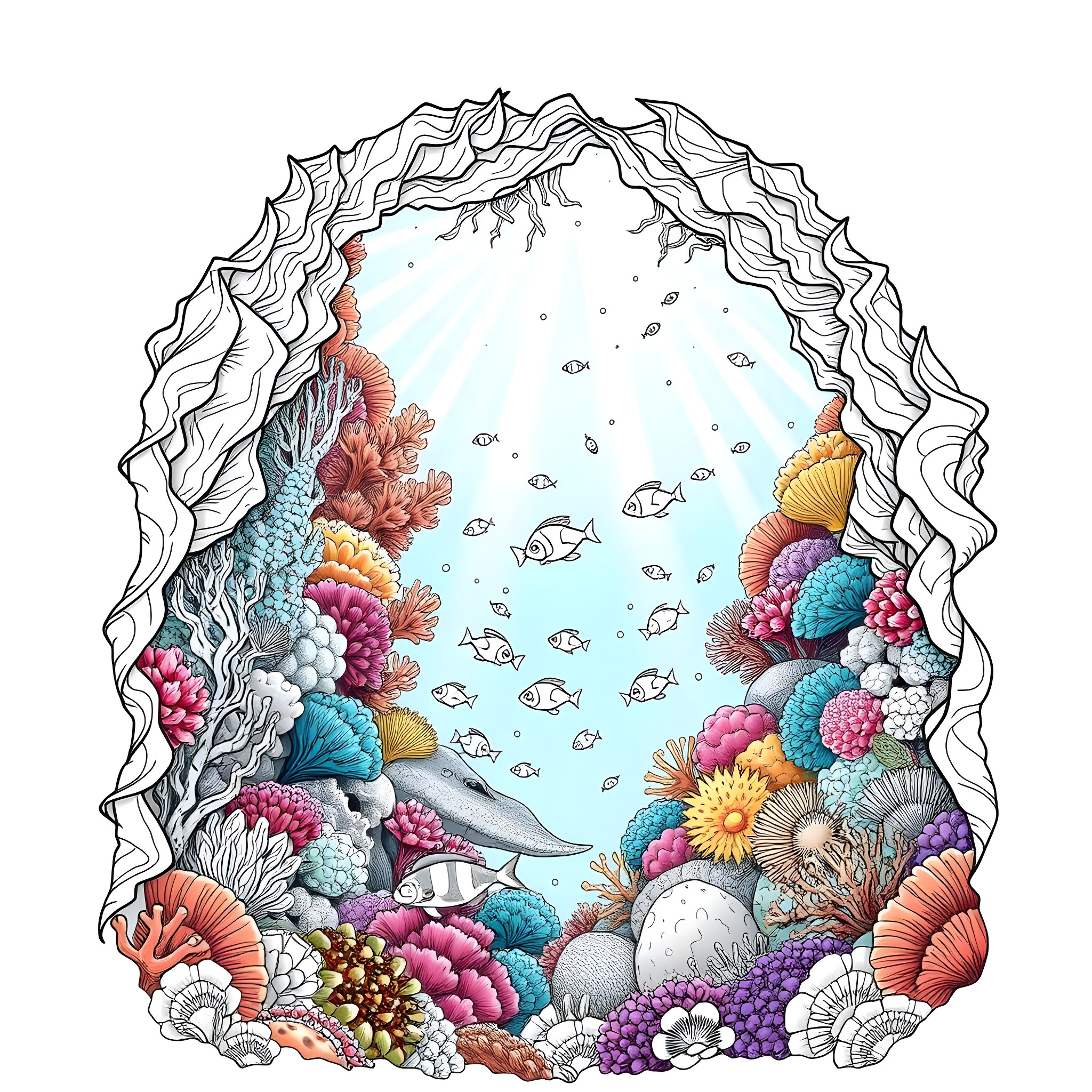 Coral Reef Wonderland with Vibrant Marine Life Coloring Page (free black-and-white line drawing printable PDF for all, from beginners to advanced learners, including children, teens, adults, and seniors)