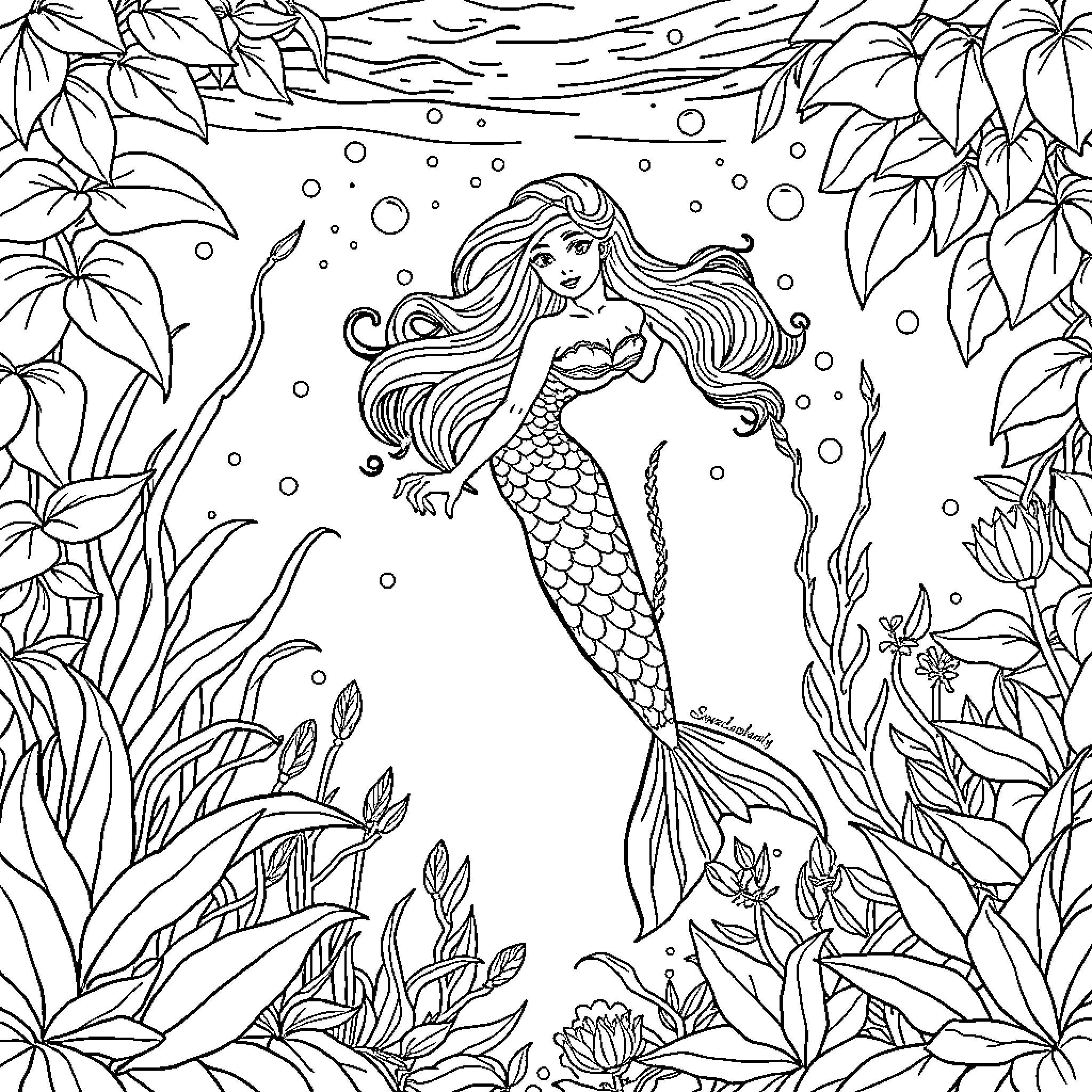 Mermaid swimming among tropical plants and bubbles Coloring Page (free black-and-white line drawing printable PDF for all, from beginners to advanced learners, including children, teens, adults, and seniors)