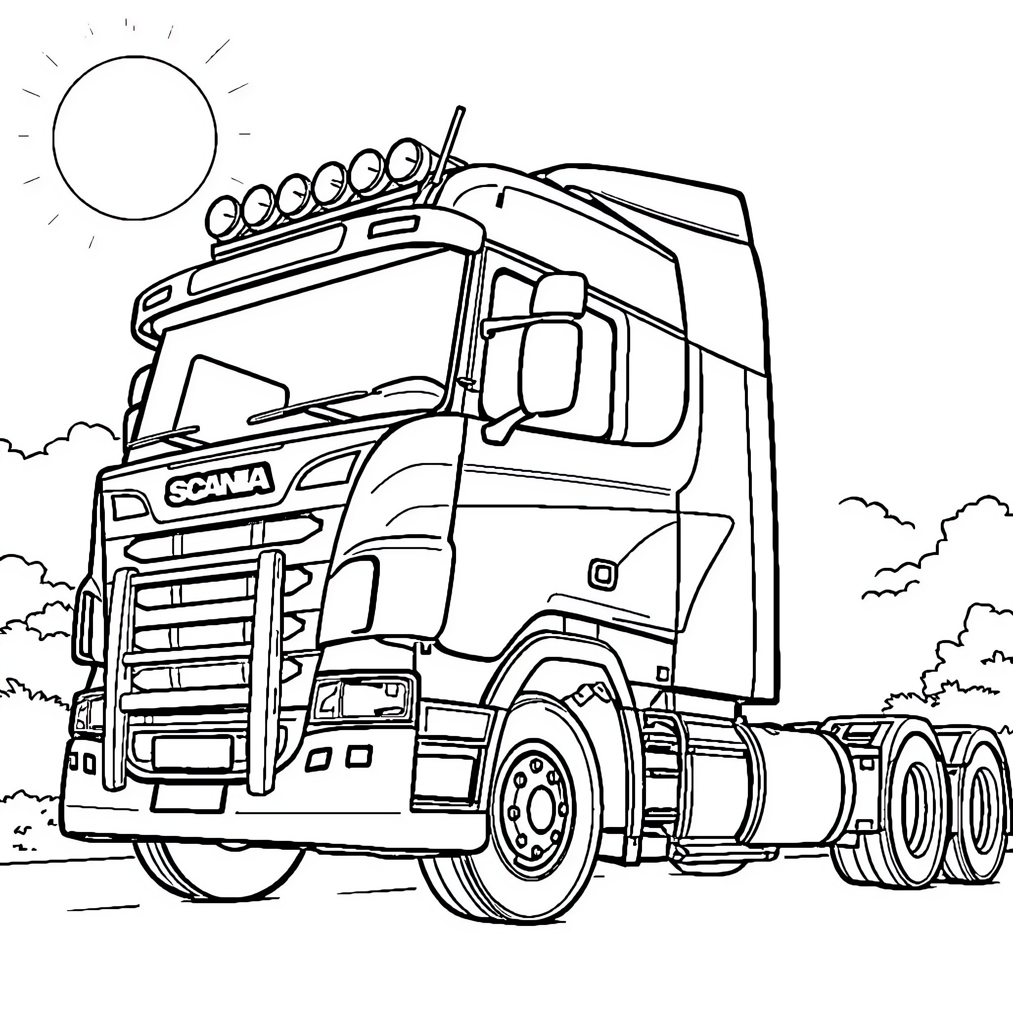 Truck in sunny countryside landscape Coloring Page (free black-and-white line drawing printable PDF for all, from beginners to advanced learners, including children, teens, adults, and seniors)